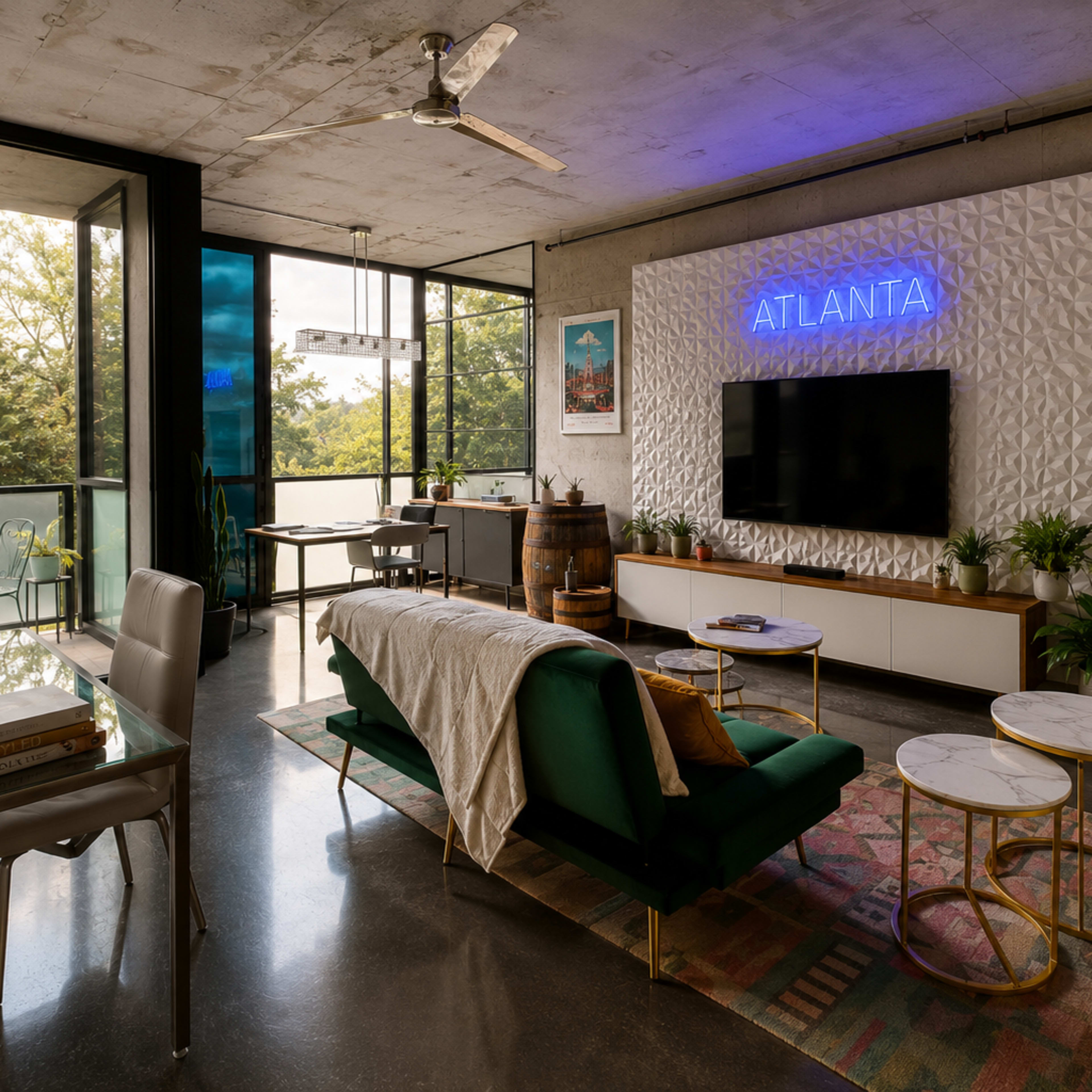 The image depicts a modern living room featuring a green sofa, a television mounted on a textured wall, and large windows that provide natural light and a view of greenery outside.