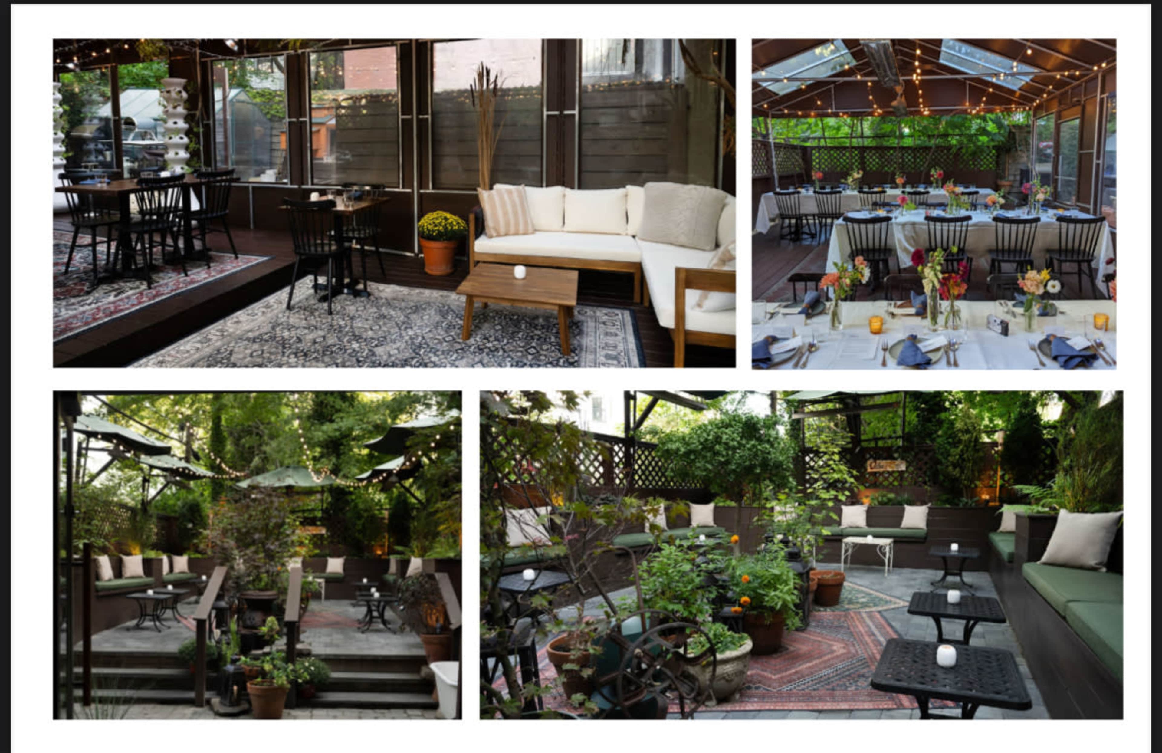 The image showcases a beautifully arranged outdoor dining area featuring multiple seating arrangements, tables set with place settings, and greenery throughout the space.