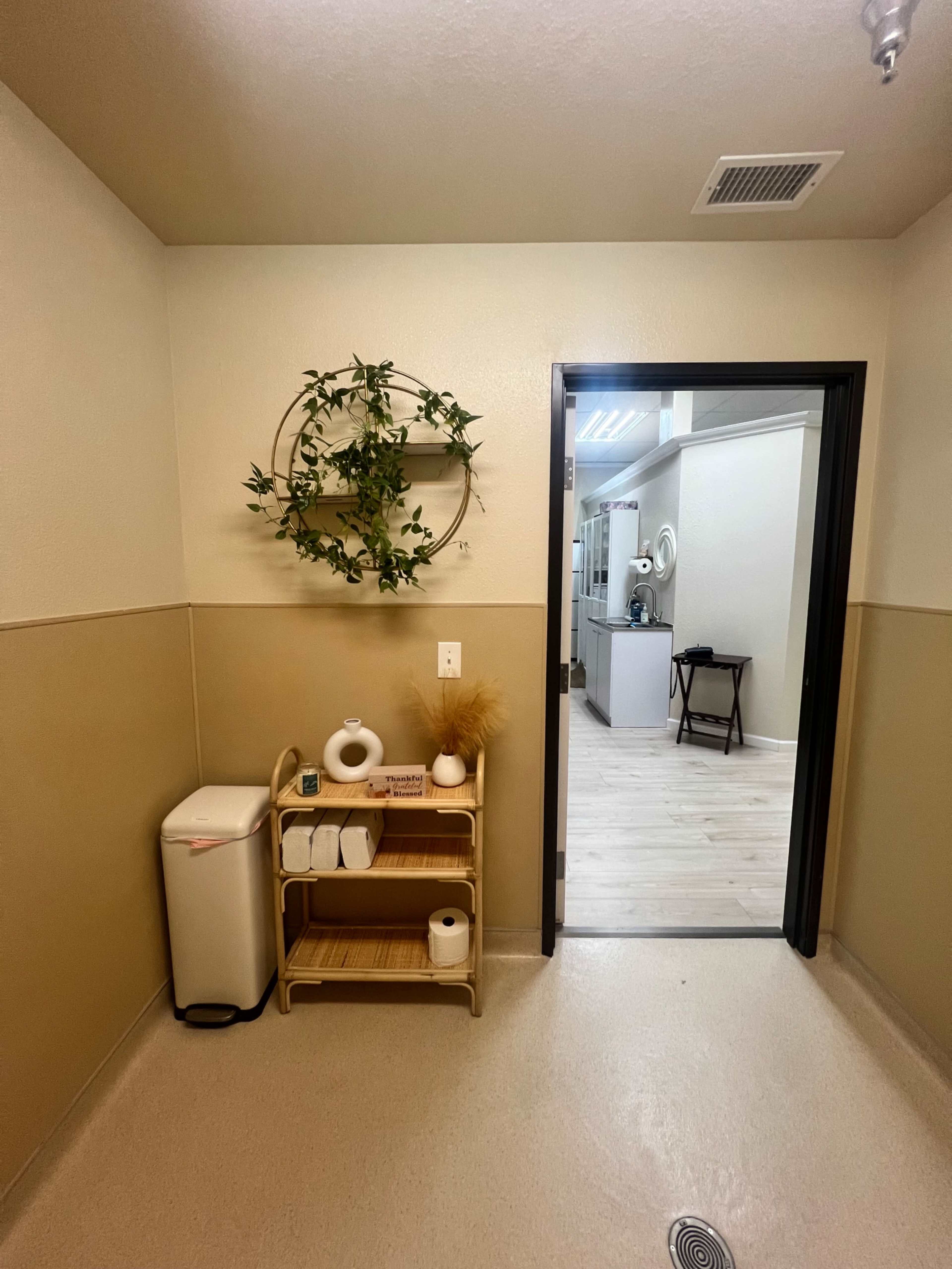 A tidy hallway with a shelf holding bathroom supplies and a circular plant decoration on the wall, leading to a bathroom area.