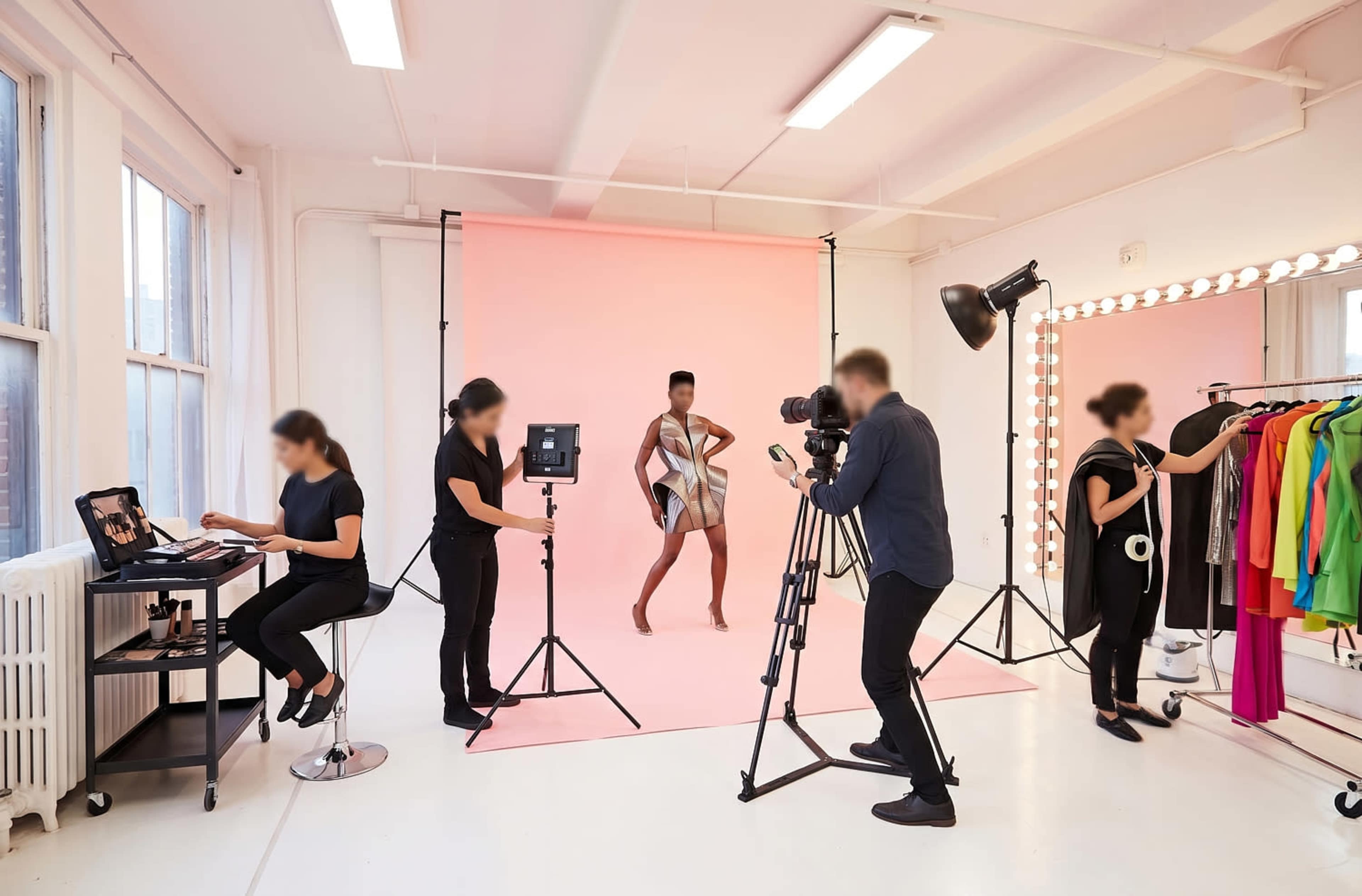 A fashion photoshoot is taking place in a studio with a model posing against a pink backdrop while a team of photographers and assistants work.