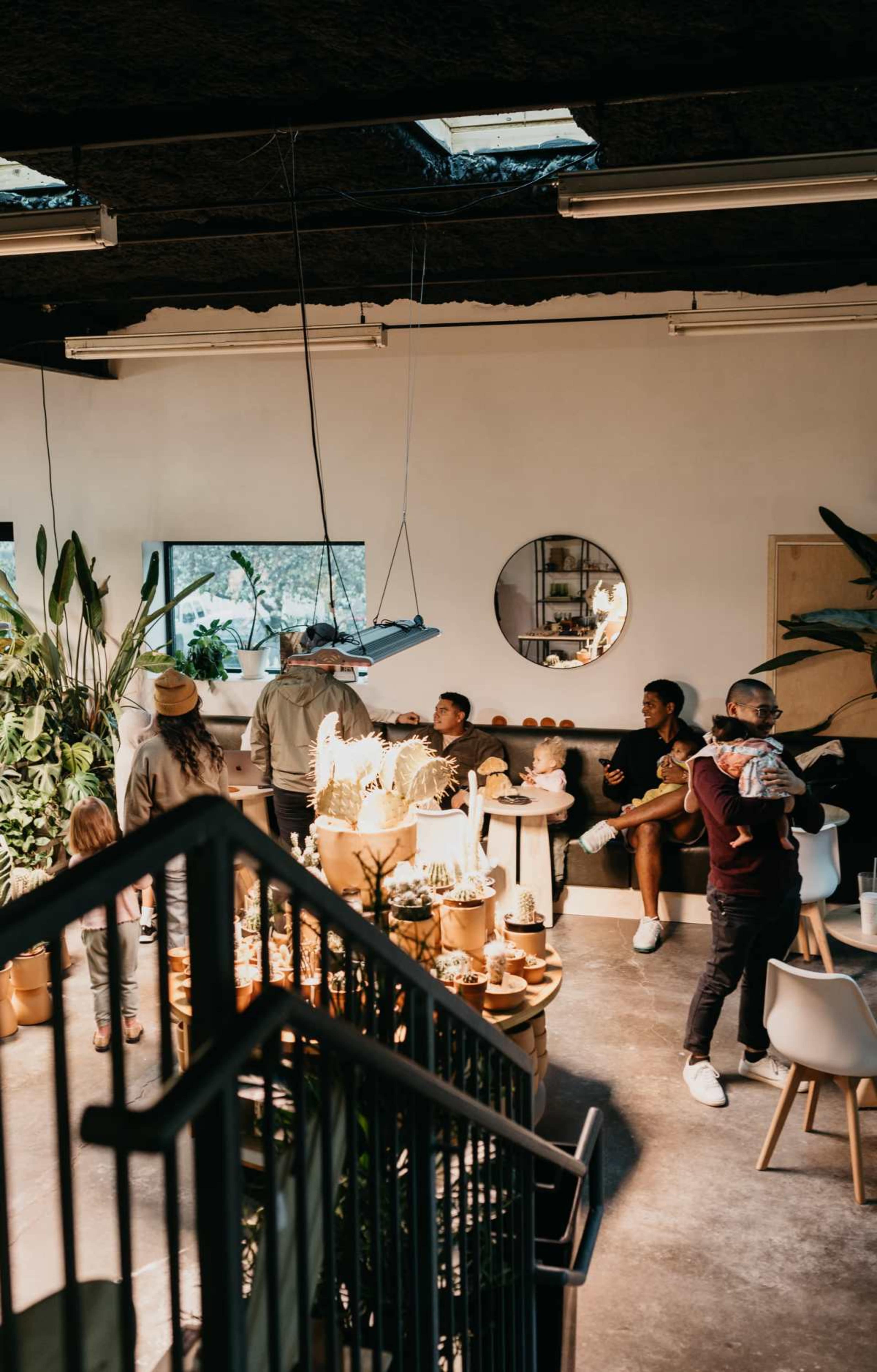 The image shows a modern indoor cafe with several people engaged in conversation, surrounded by greenery and decorative plants.