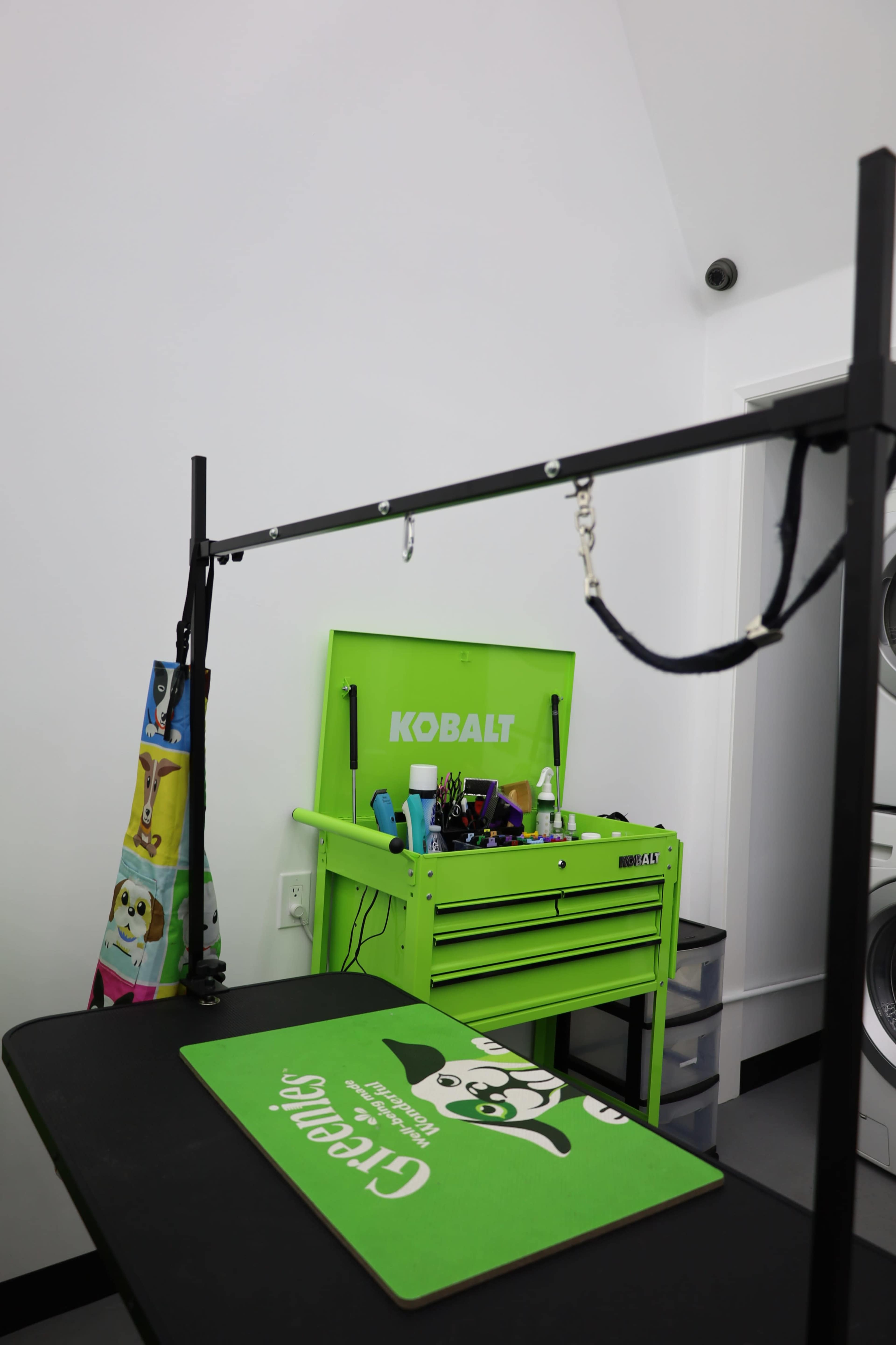 The image shows a bright green tool chest labeled "KOBALT" situated on a black table, with grooming tools and supplies arranged neatly beside a colorful apron.