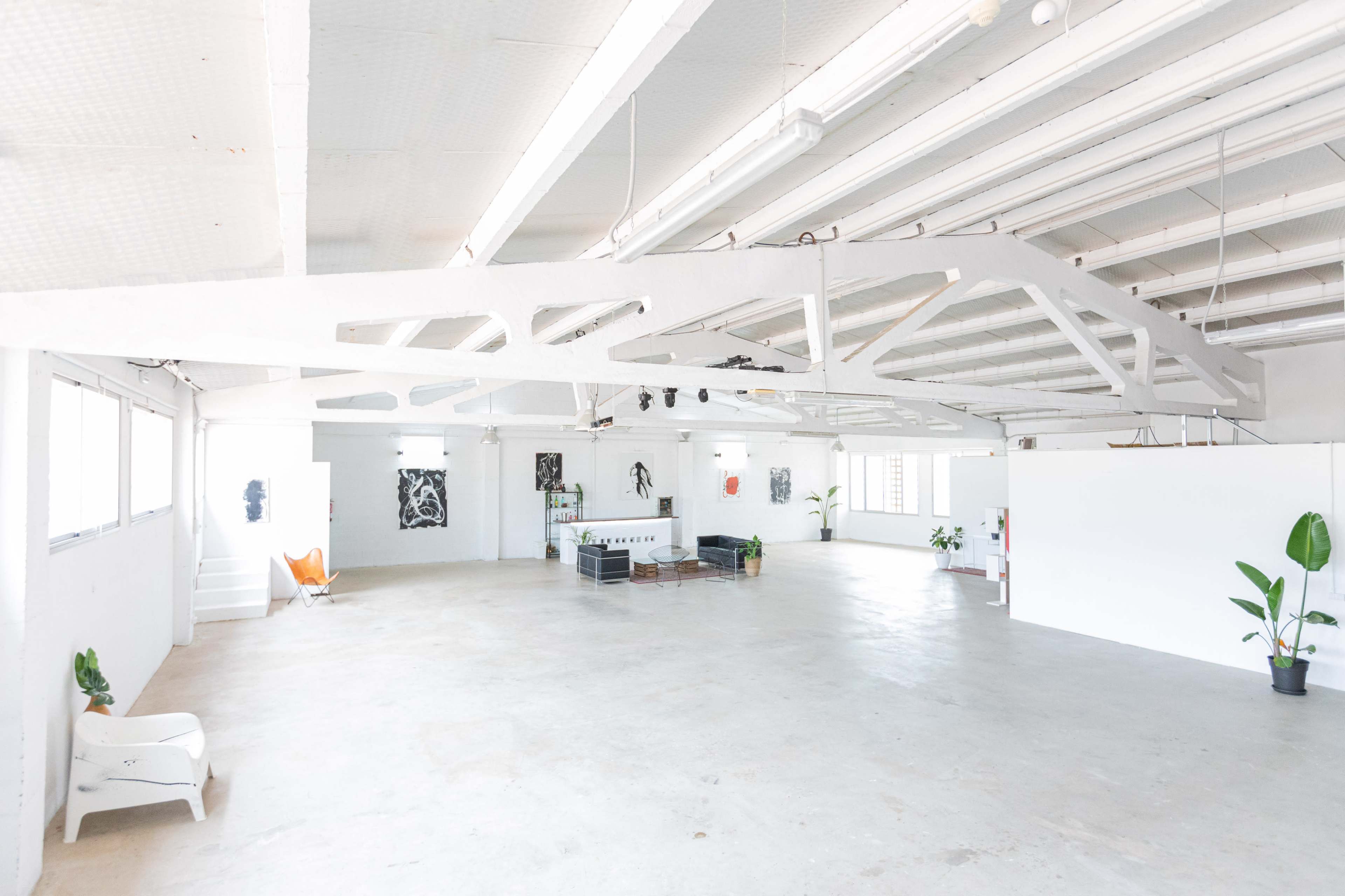 A spacious, empty art gallery with white walls, high ceilings, and a concrete floor, featuring a few plants and artwork on display.