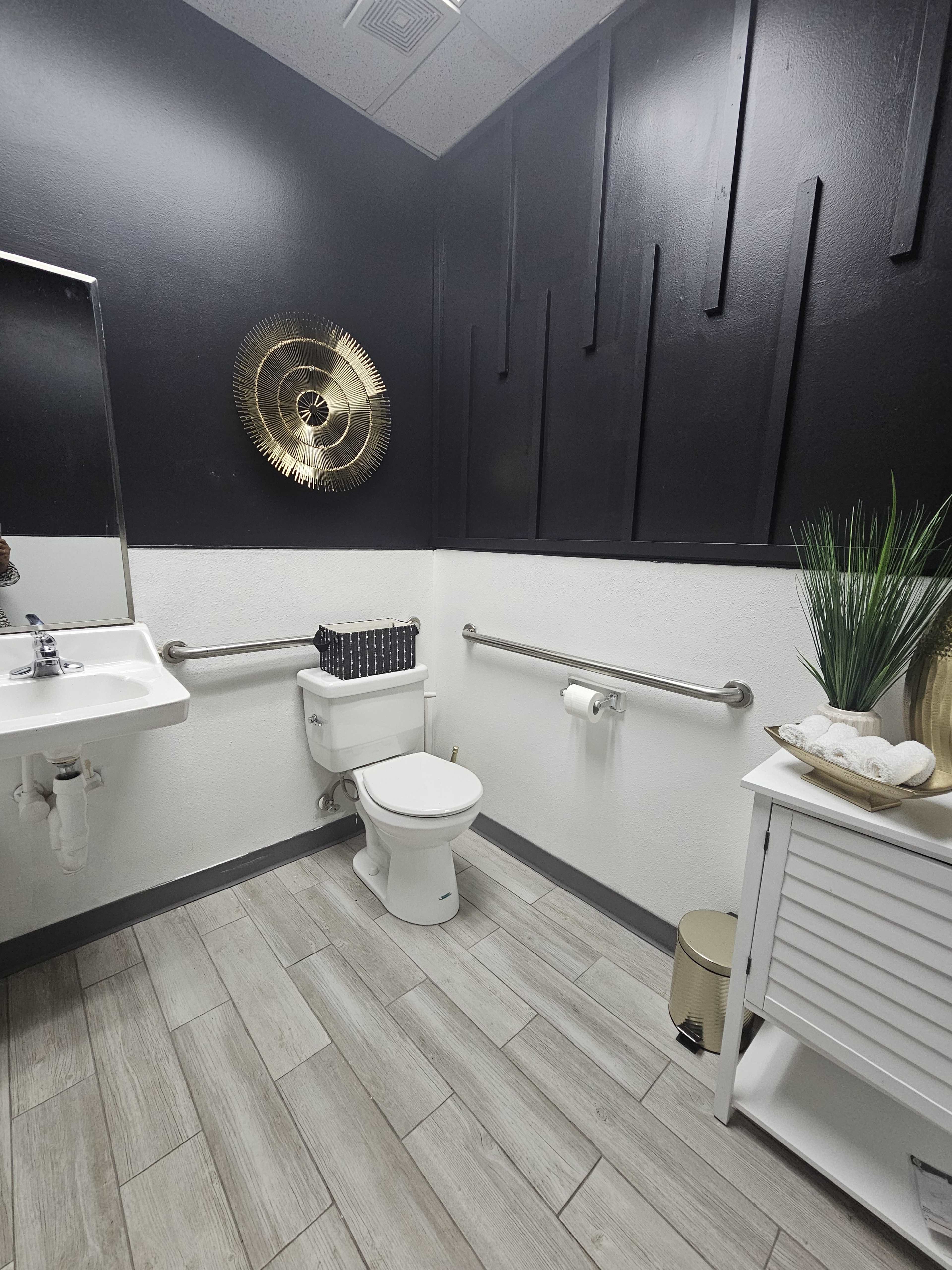 A compact bathroom with dark wall panels, a wall-mounted sink, a white toilet, and a small storage unit beside a potted plant.