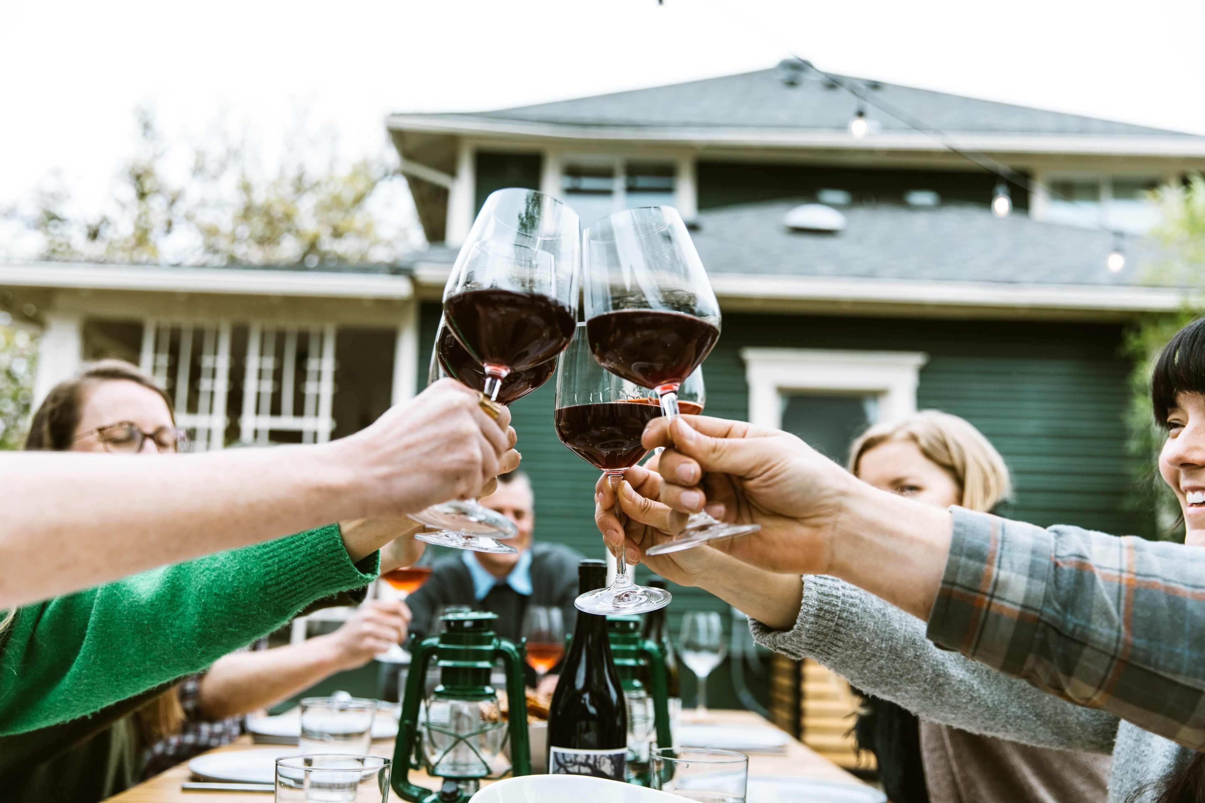A group of people clinks their wine glasses together at an outdoor gathering near a green house.