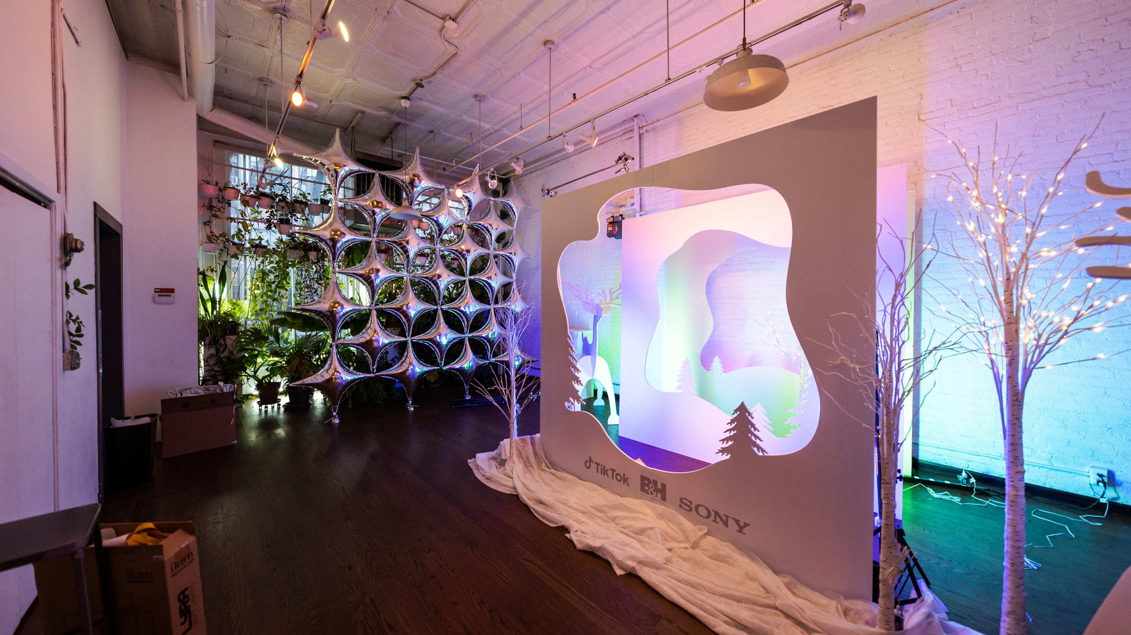 The image shows a modern event space with a decorative backdrop featuring a colorful winter scene, surrounded by greenery and ambient lighting.