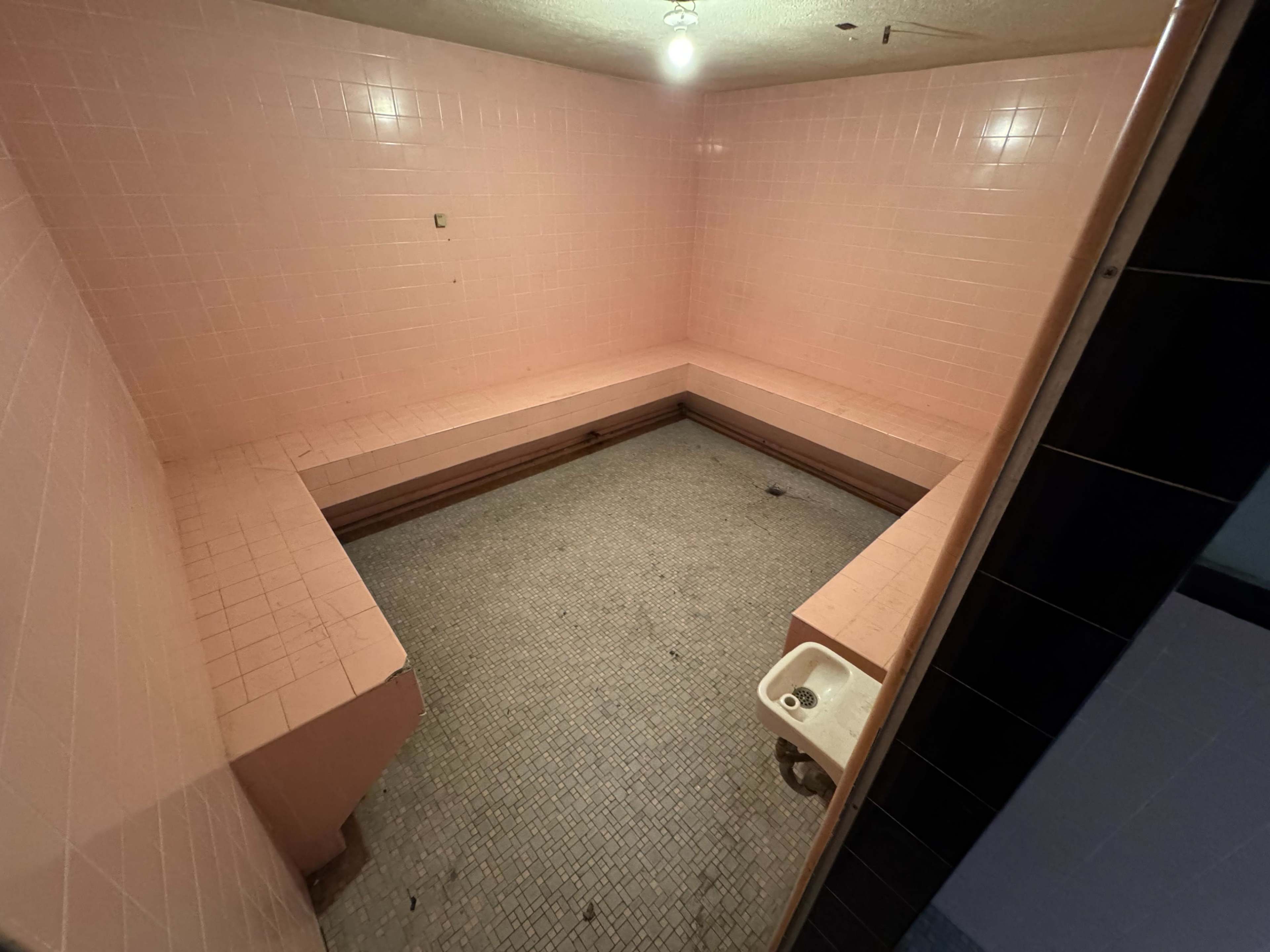 The image shows a vacant pink-tiled room with benches along the walls and a small sink in one corner.