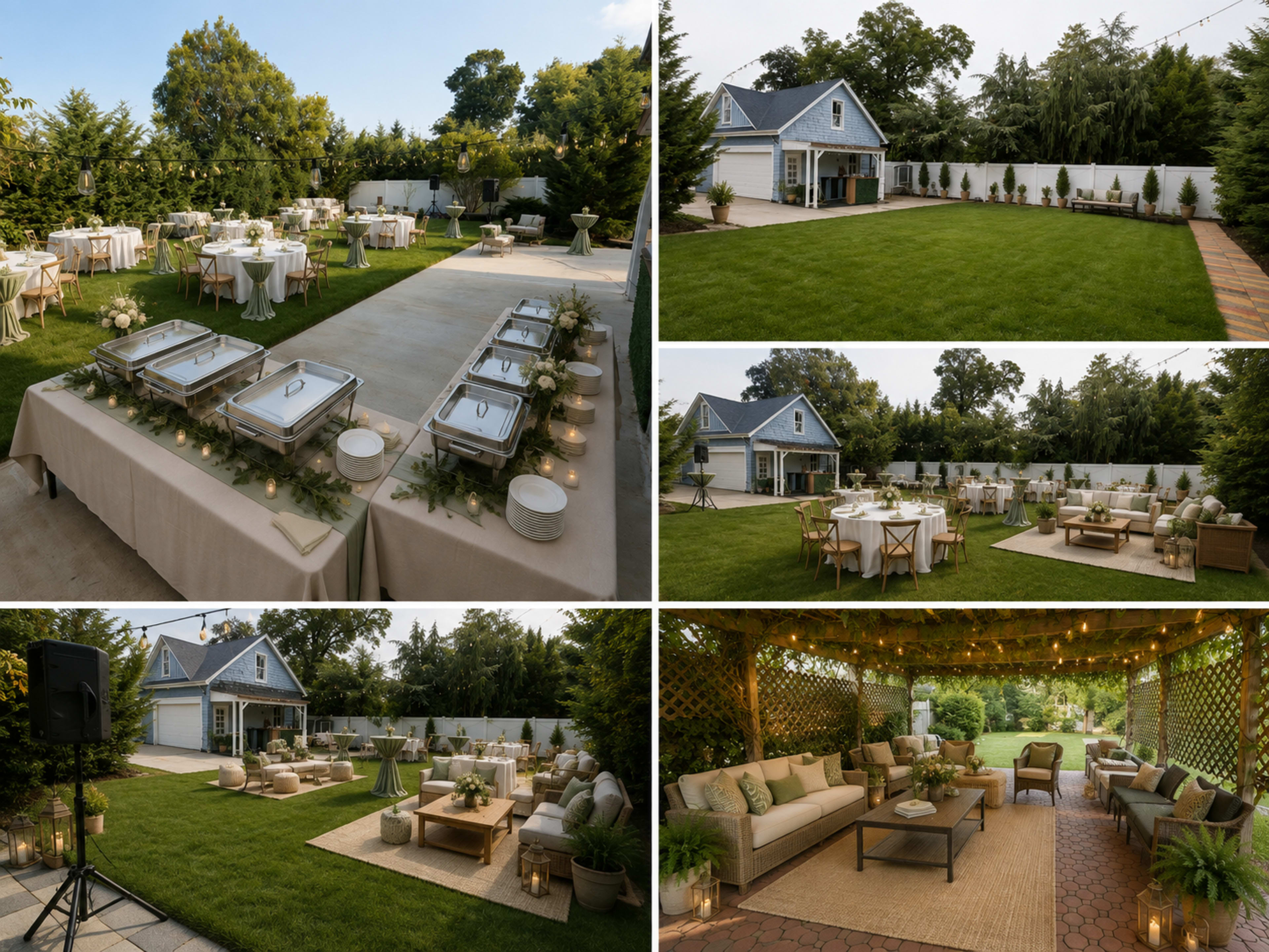 The image shows a well-decorated outdoor event space with tables set for dining, a catering setup, and comfortable seating areas in a lush garden environment.