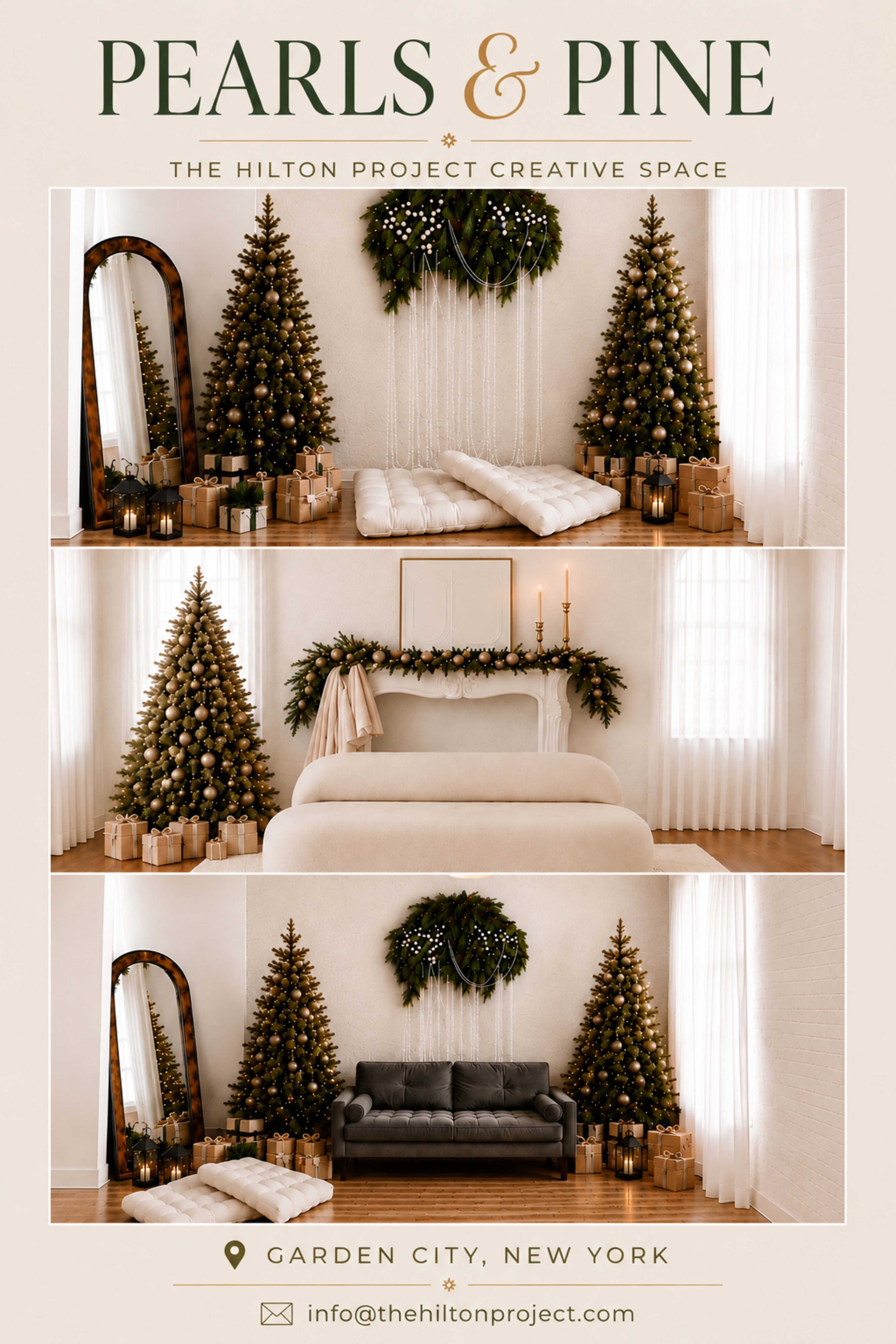 The image showcases a cozy creative space with two decorated Christmas trees on either side of a neutral-toned bed, featuring a mirror and a gray couch against a backdrop of sheer white curtains.