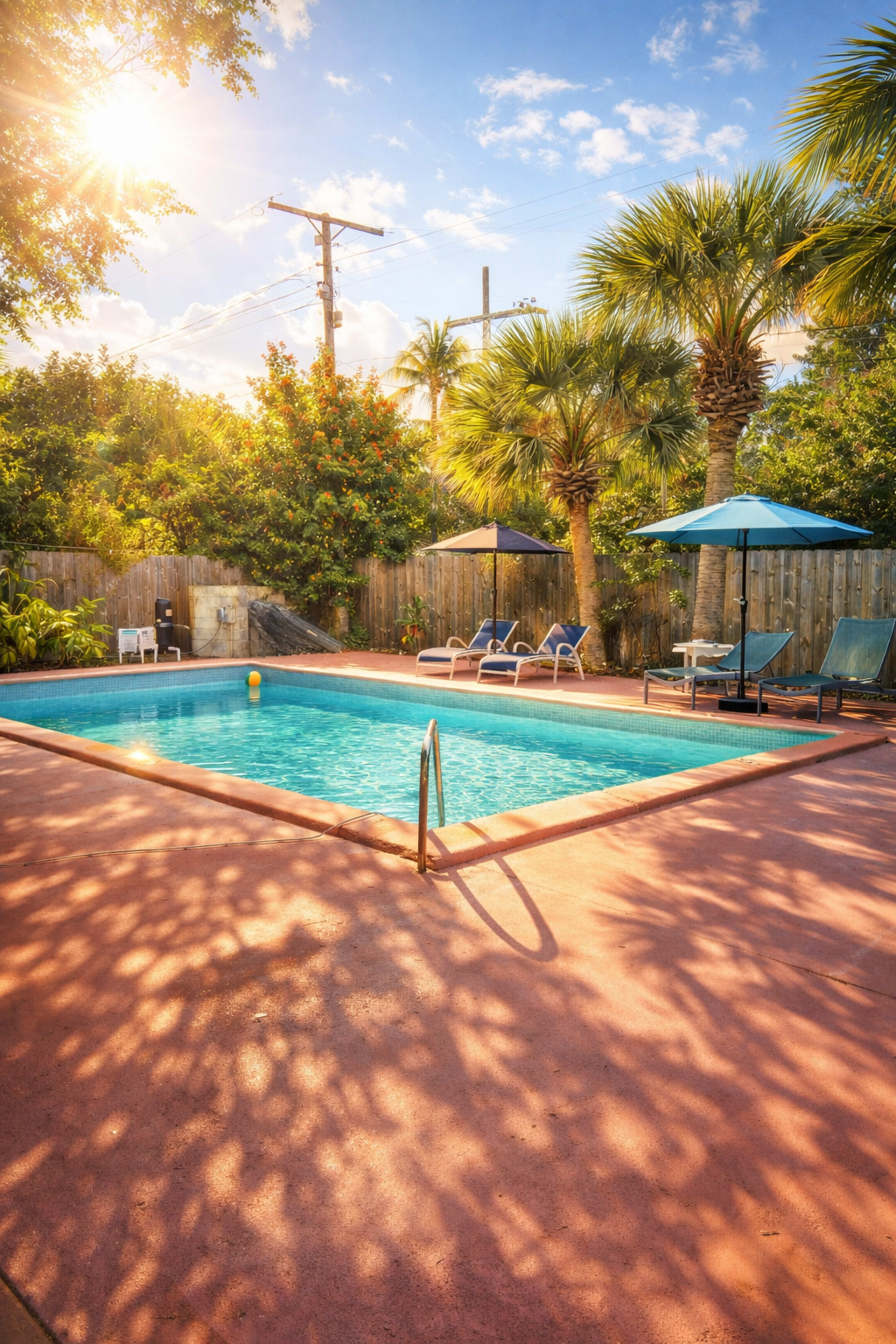 The image shows a swimming pool surrounded by palm trees, lounge chairs, and umbrellas under a partially cloudy sky.