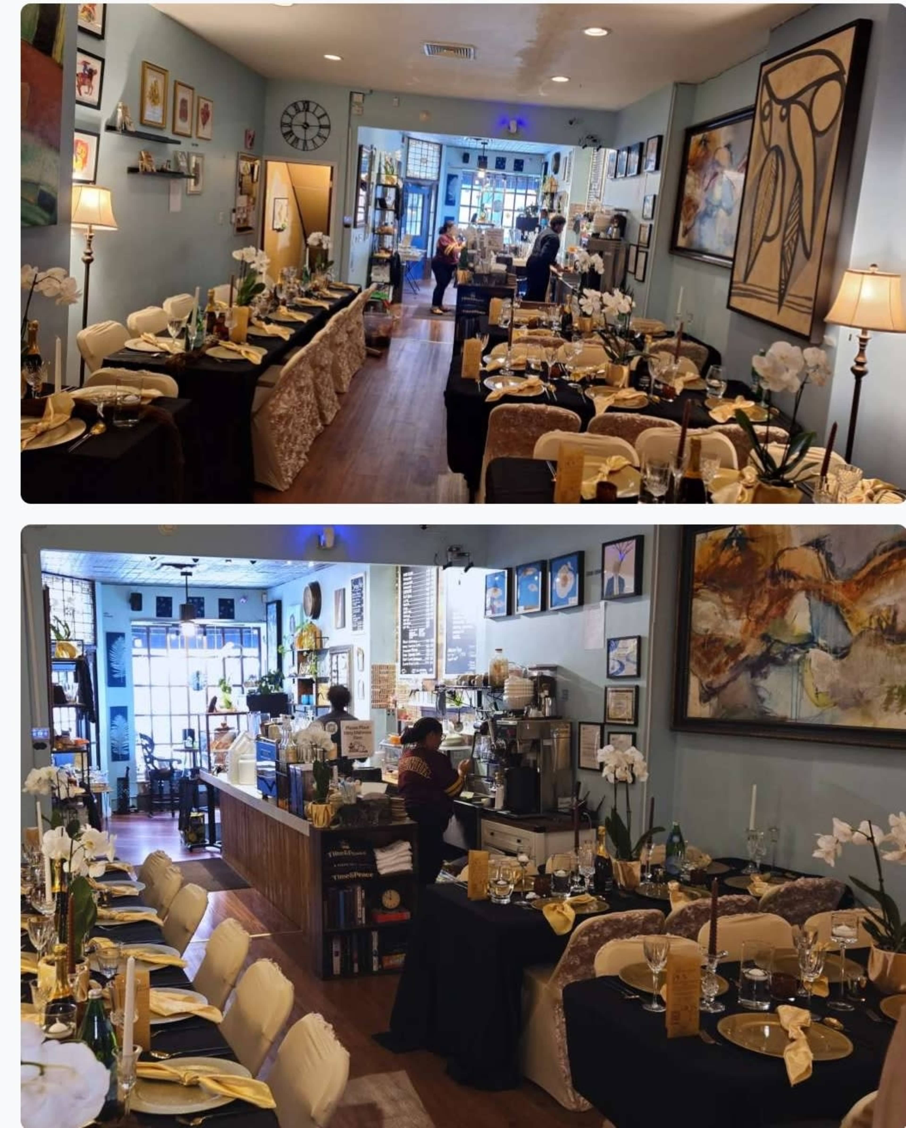 The image shows a restaurant setting with elegantly arranged dining tables featuring white tablecloths, golden accents, and decorative flowers, along with a small bar area in the background.