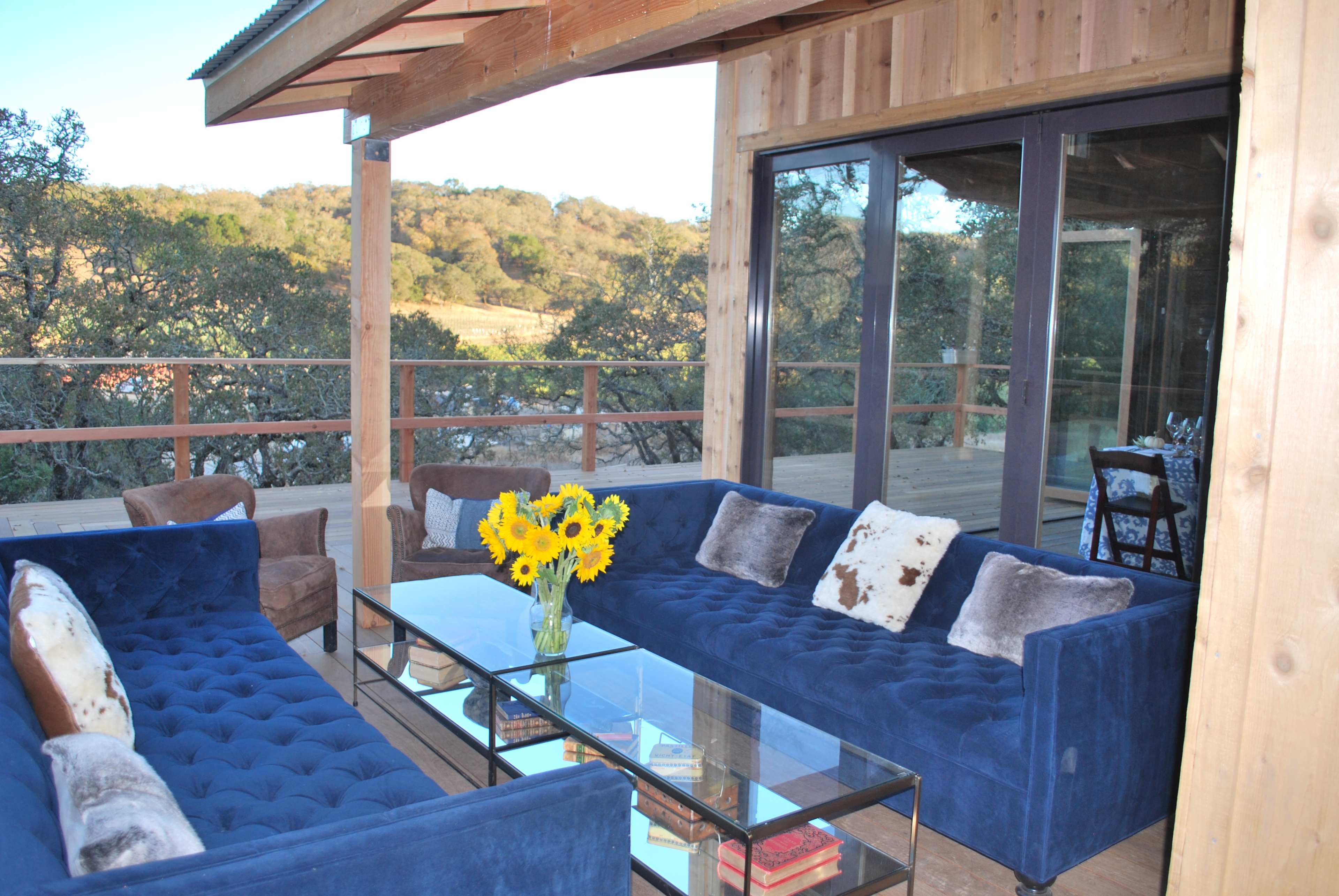 A modern outdoor seating area with two blue upholstered sofas, a glass coffee table, and a vase of sunflowers, overlooking a green landscape through large windows.
