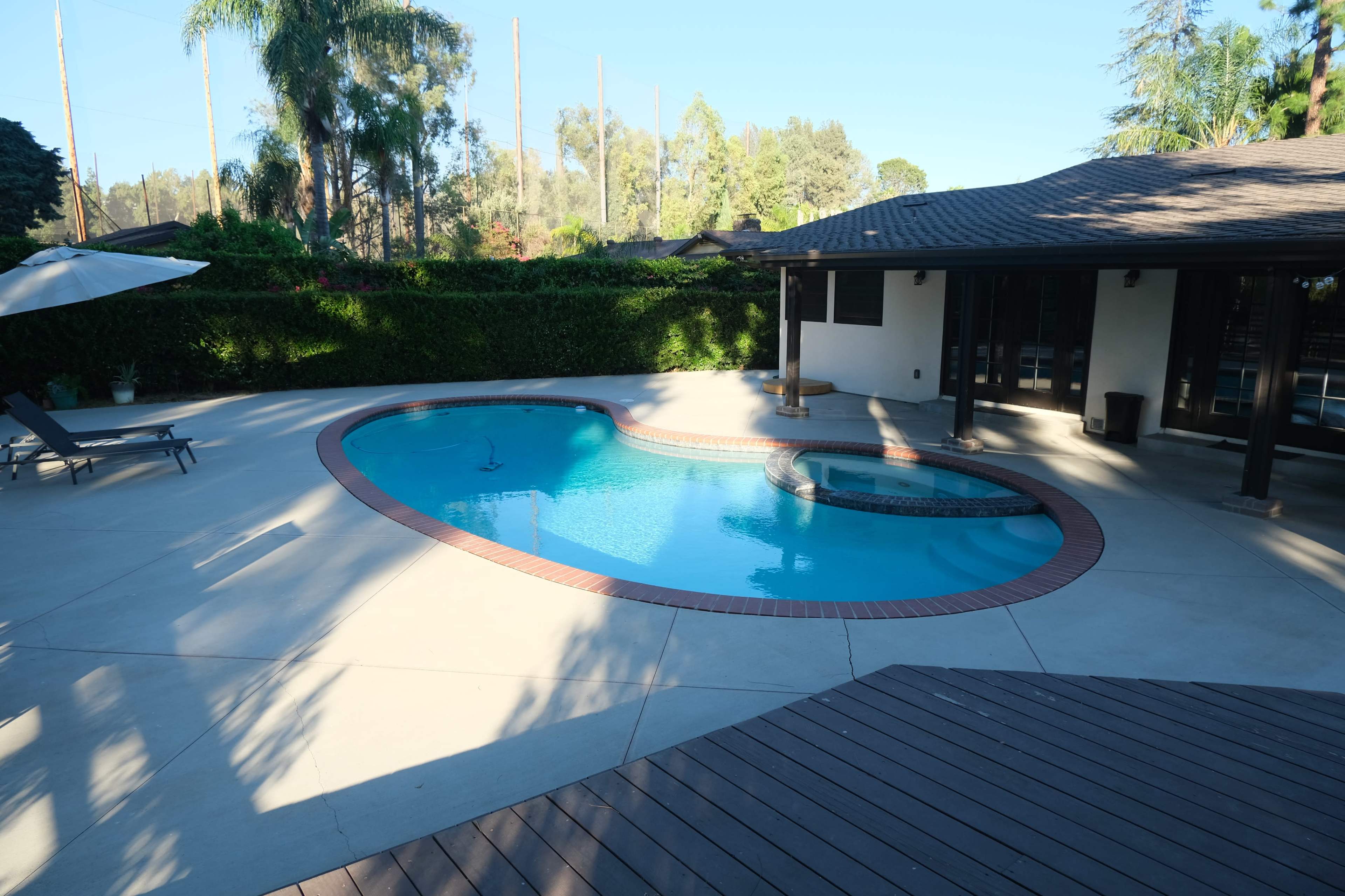 The image shows a patio area featuring an oval swimming pool with a spa, surrounded by greenery and a modern house.
