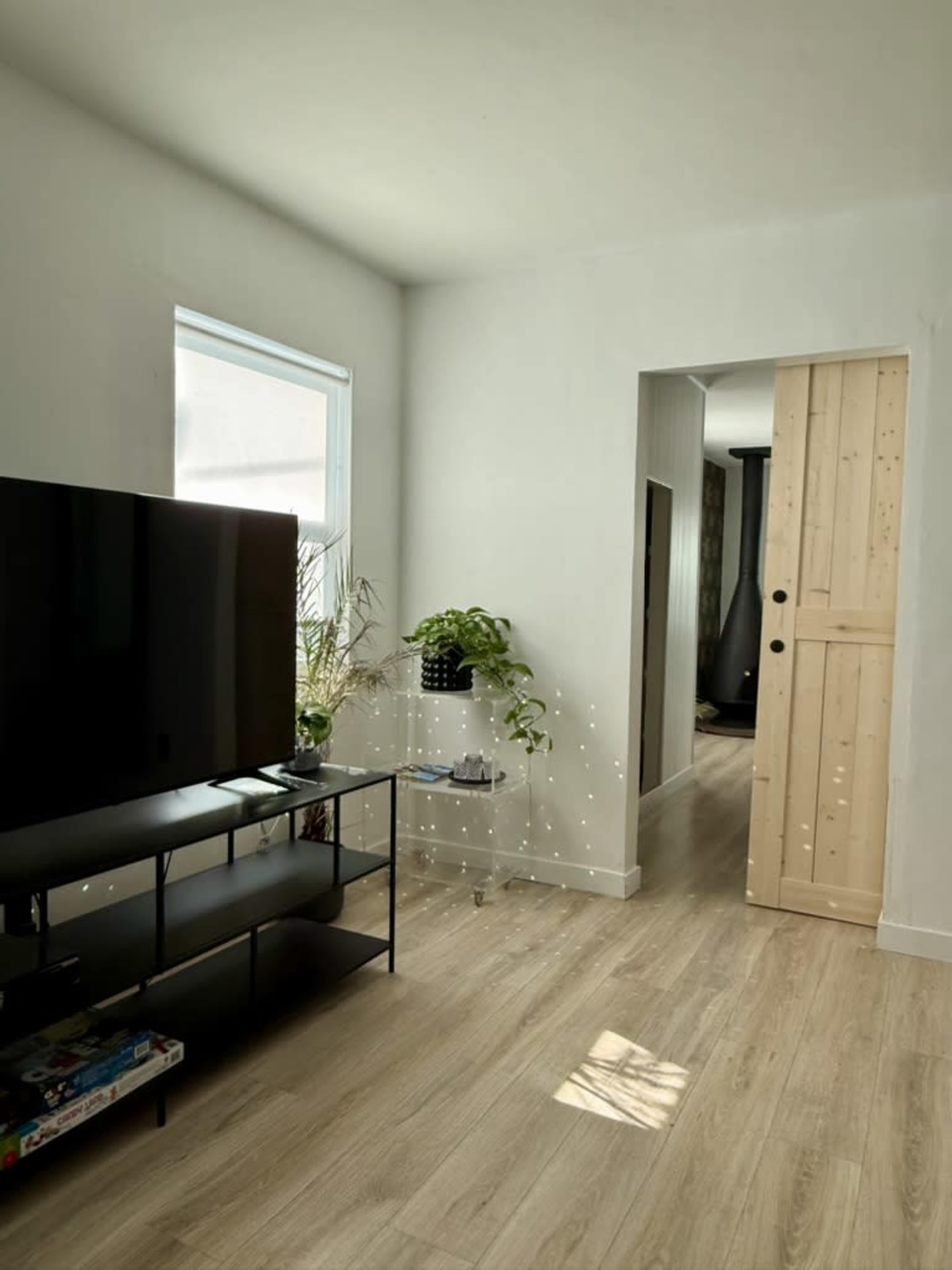 A well-lit living room features a black television stand, a clear table with a plant, and a wooden door leading to another area.