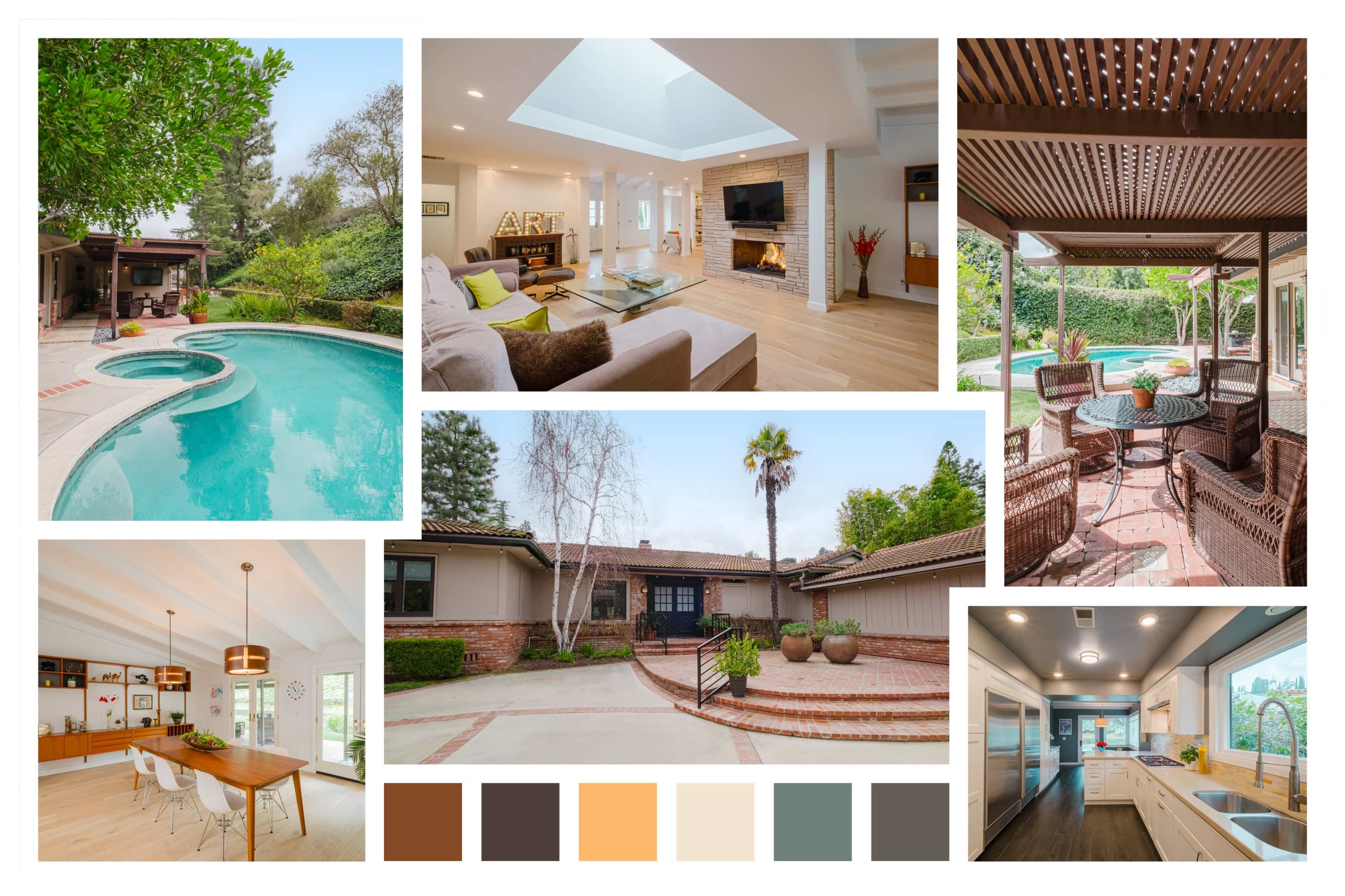 Features various views of a modern home, showcasing a pool area, a cozy living room with a fireplace, a patio with outdoor seating, a spacious dining area, and a well-appointed kitchen, along with the home's exterior and landscaping.