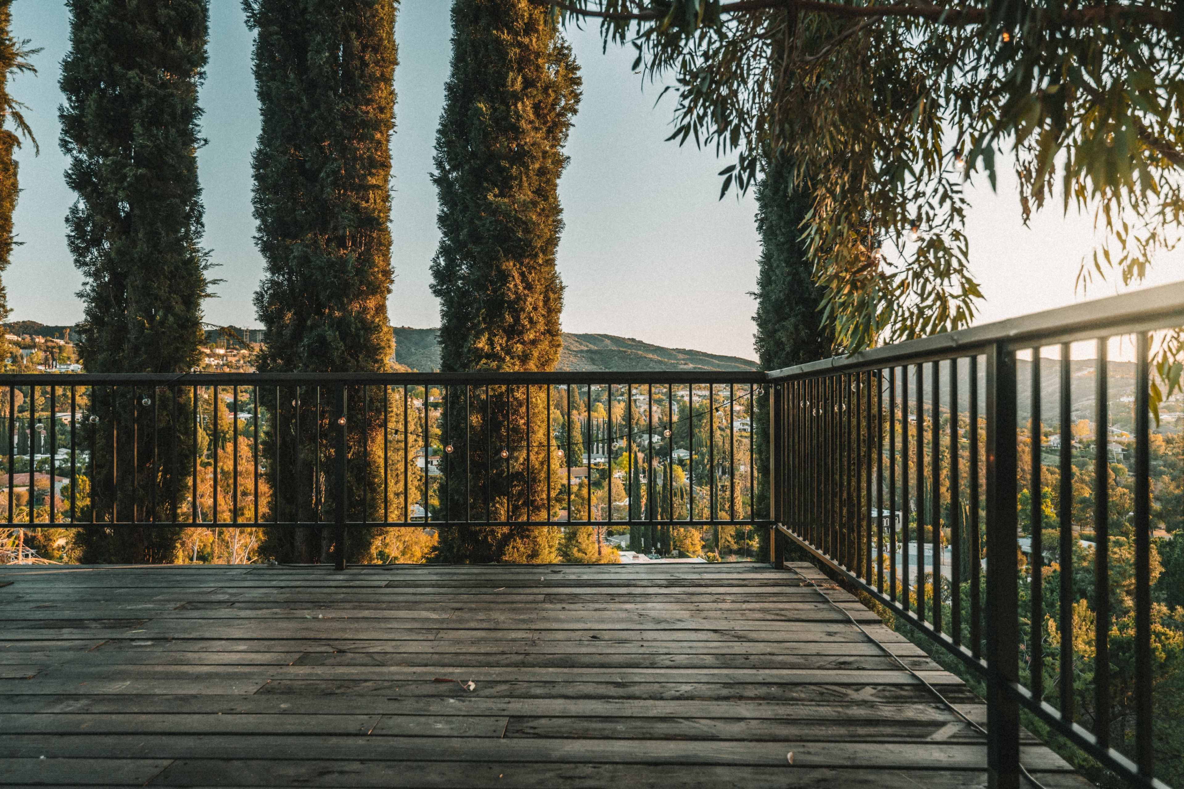 A wooden deck surrounded by tall, slender trees overlooking a landscape bathed in warm light.