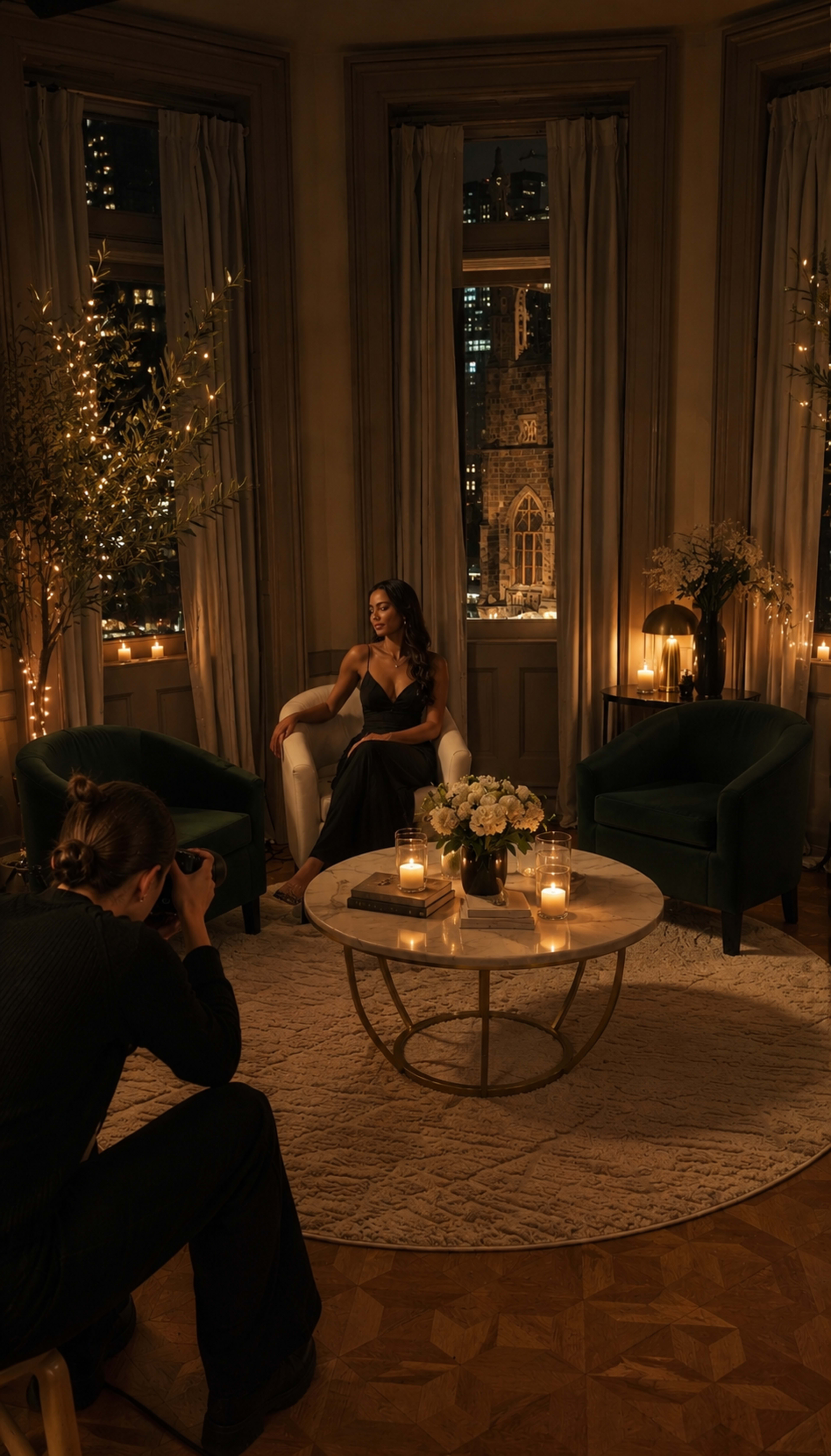 A photographer captures a woman in a black dress seated in a well-lit room with large windows and decorative candles.