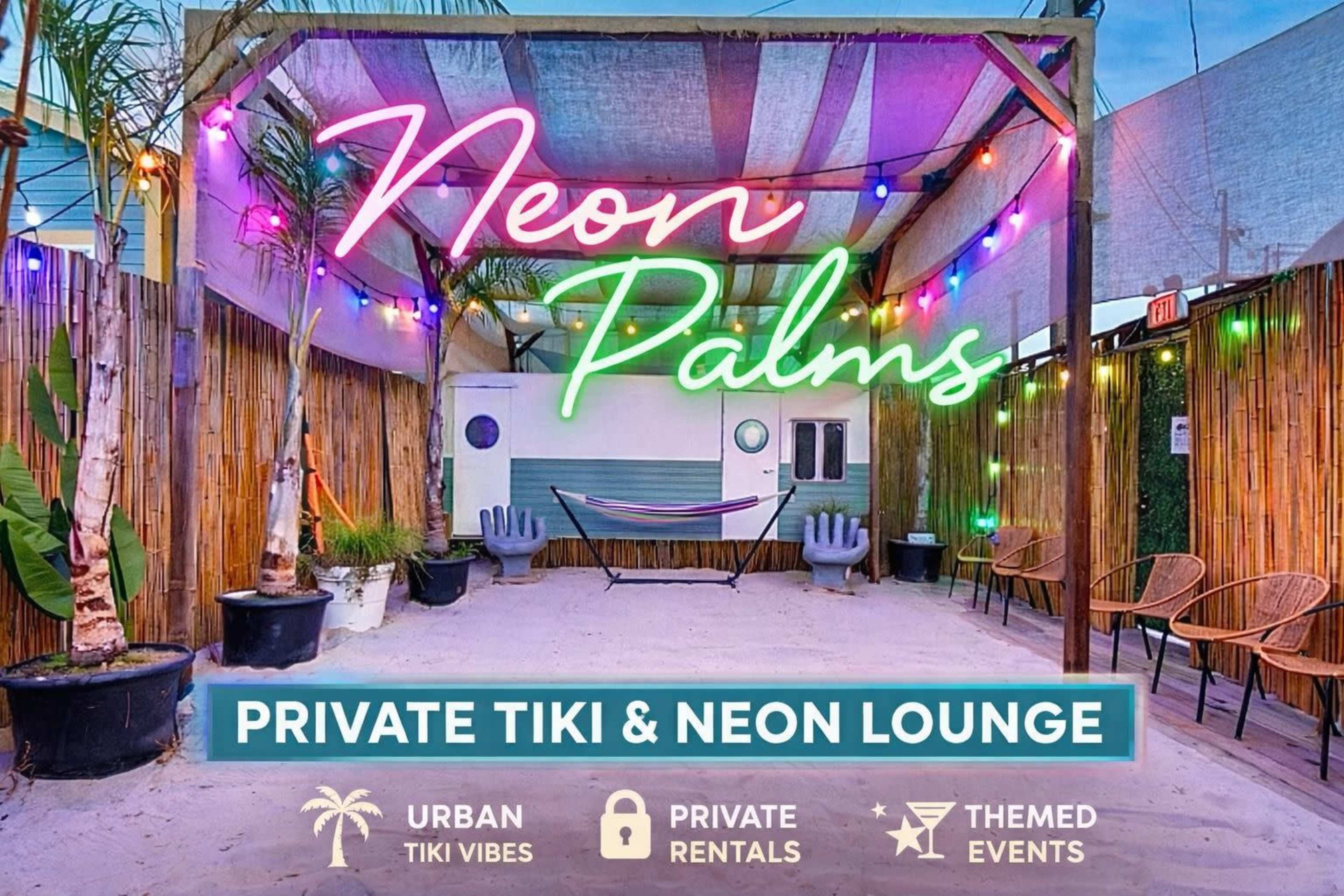The image showcases a vibrant outdoor lounge called "Neon Palms," featuring colorful lights, a sandy floor, and seating areas with a tropical theme.