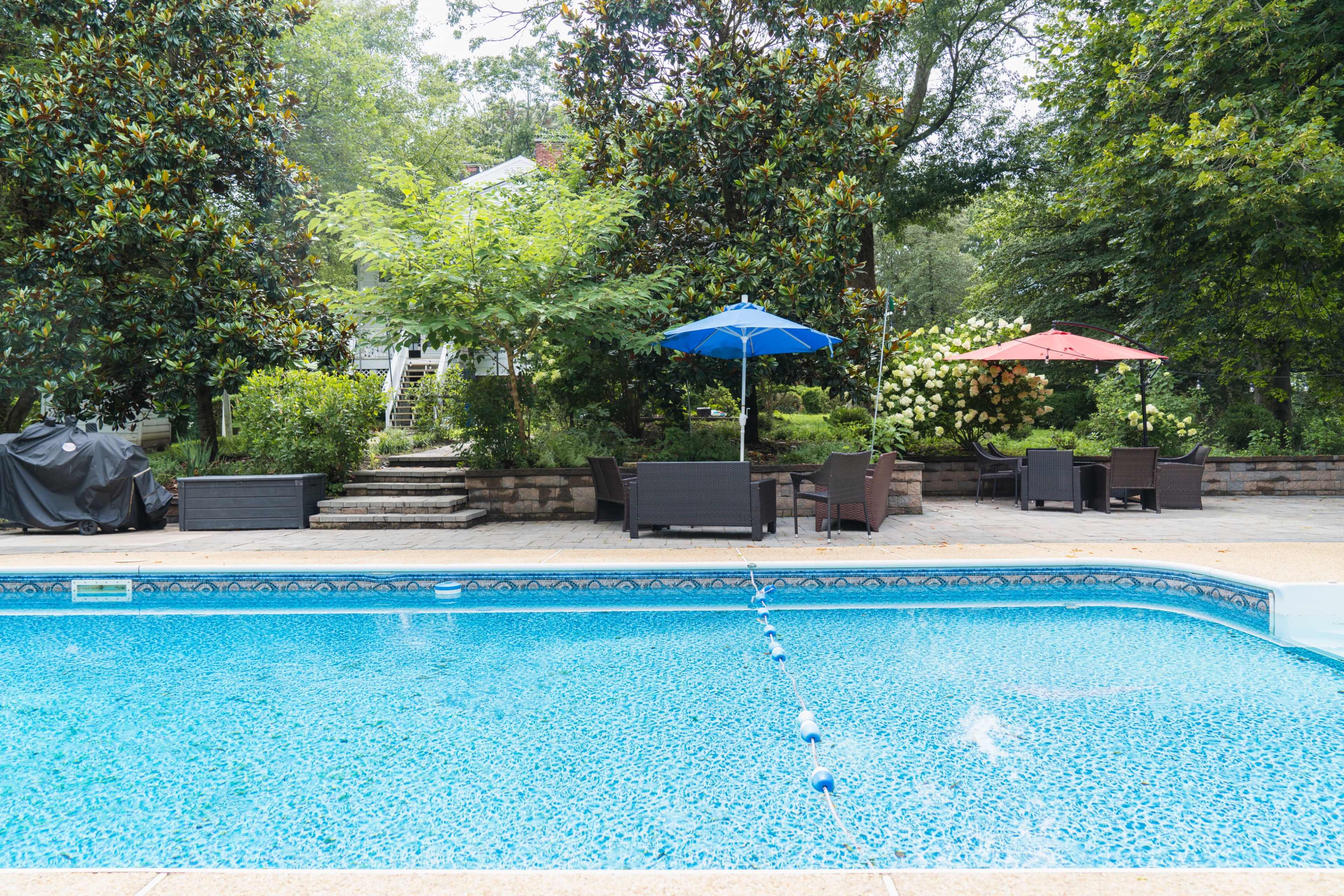 A well-maintained backyard features a swimming pool surrounded by patio furniture, umbrellas, and lush greenery.