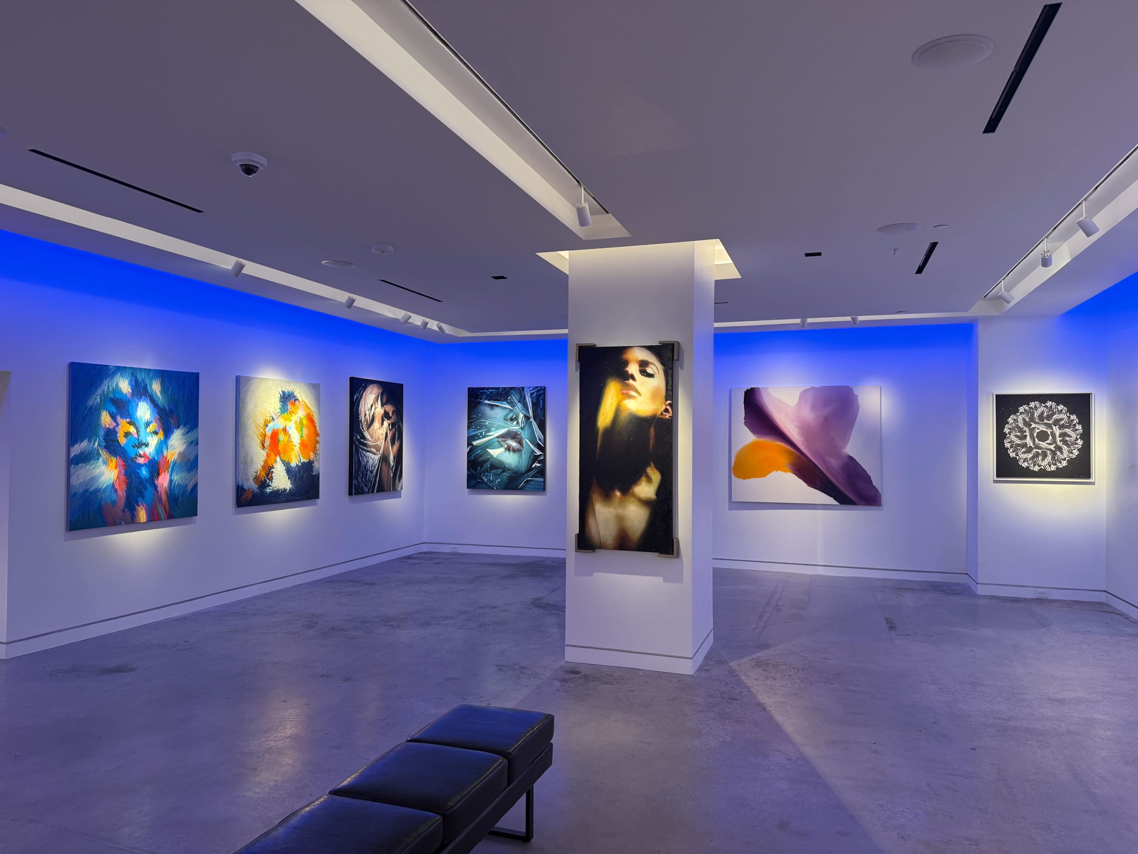 The image shows a modern art gallery with several colorful artworks displayed on the walls, illuminated by blue lighting.