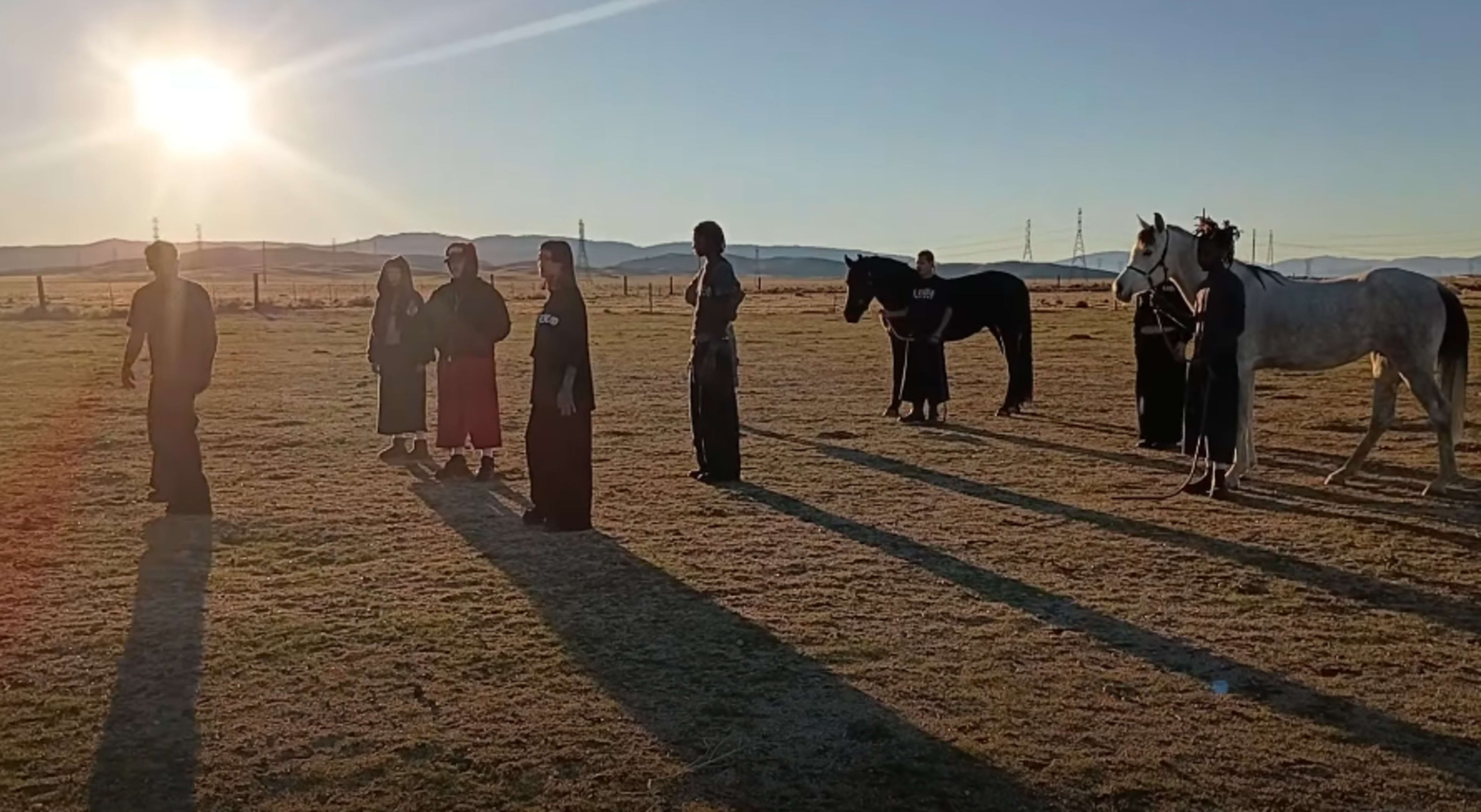 A group of people in dark clothing stands in a grassy field while horses are tethered beside them, with the sun setting in the background.