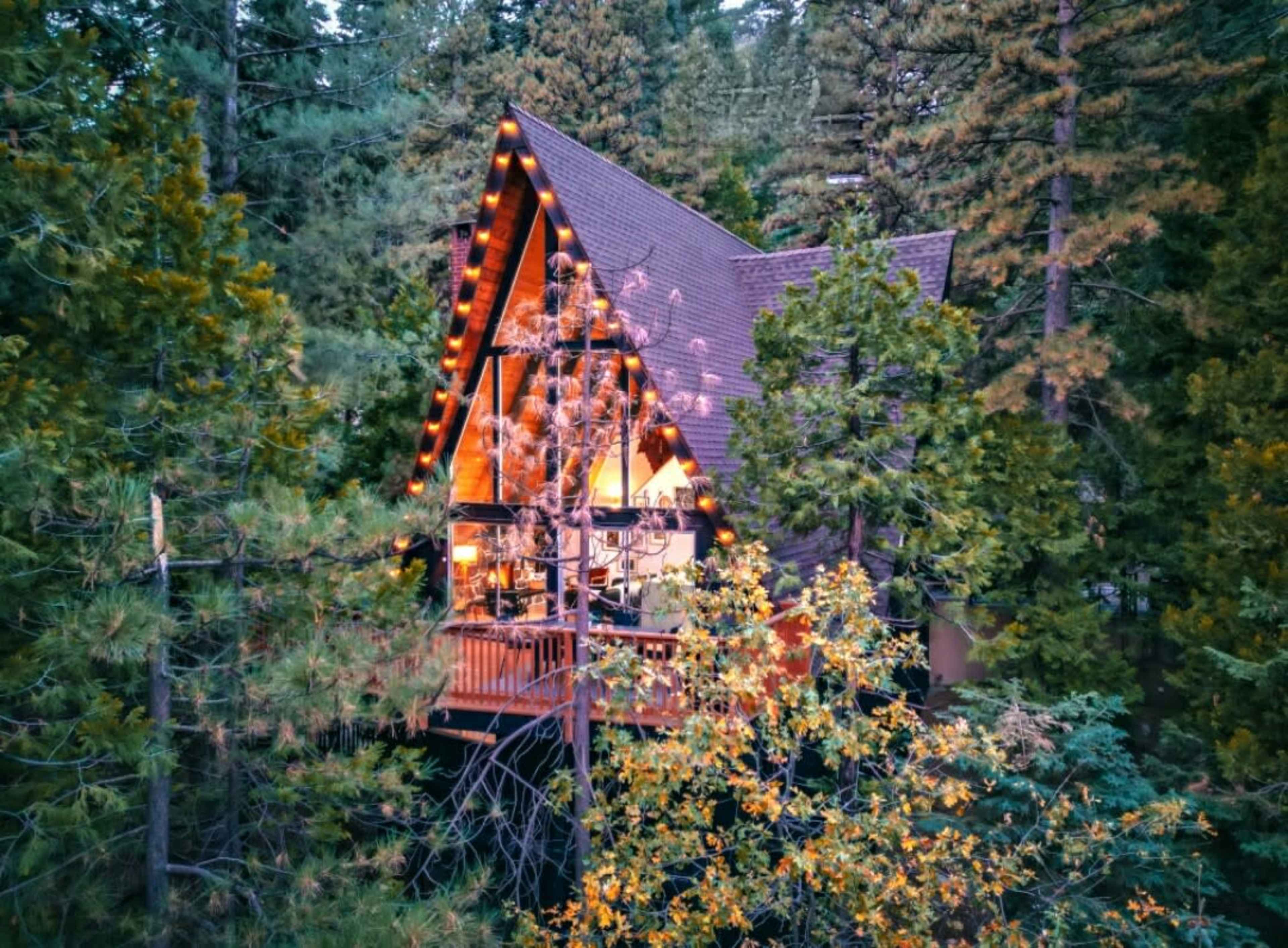 A cabin with a peaked roof is nestled among tall trees, illuminated warmly from within.