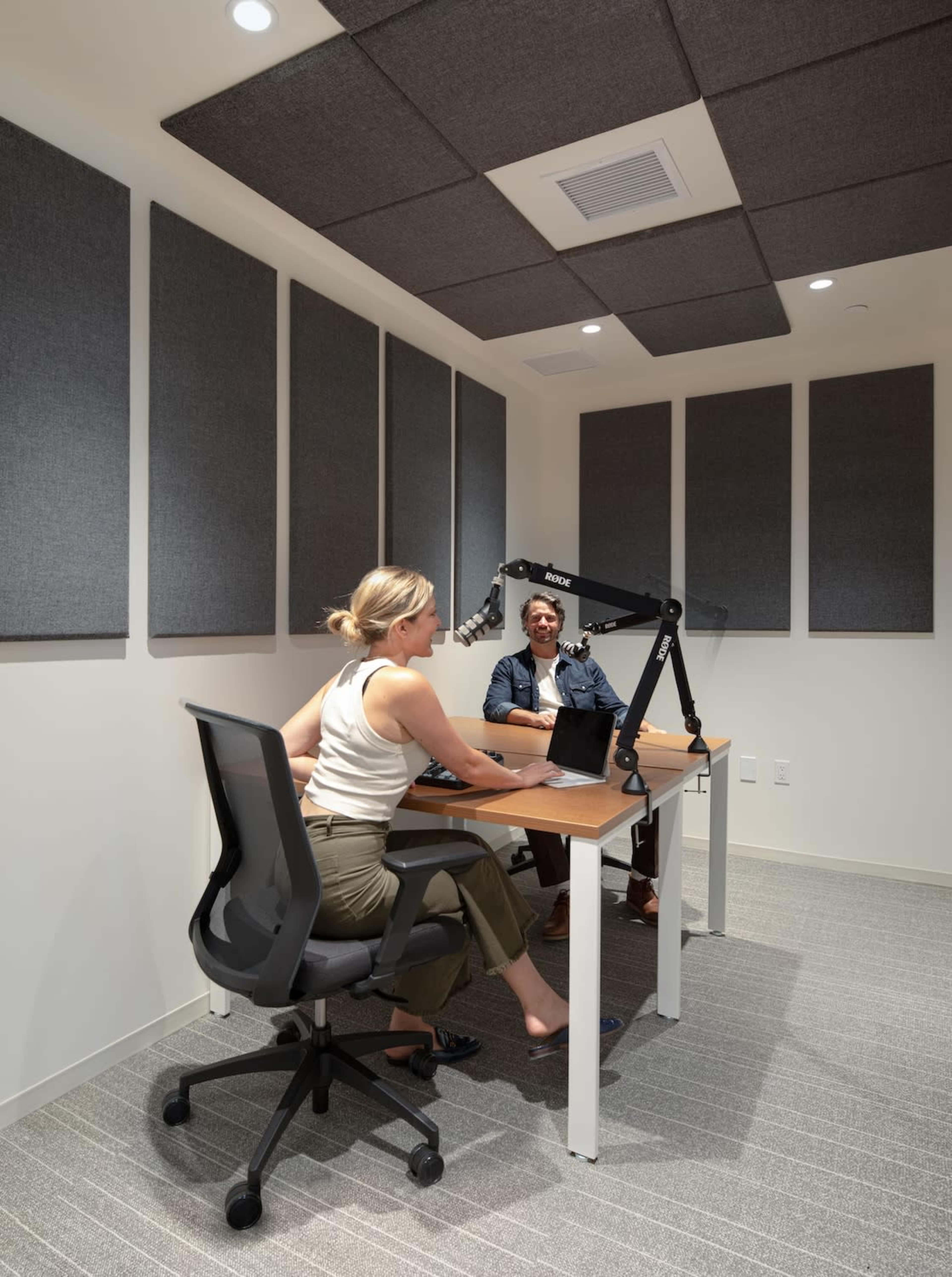 Two individuals are seated in a soundproofed meeting room with acoustic panels, one working on a laptop while the other engages in conversation.