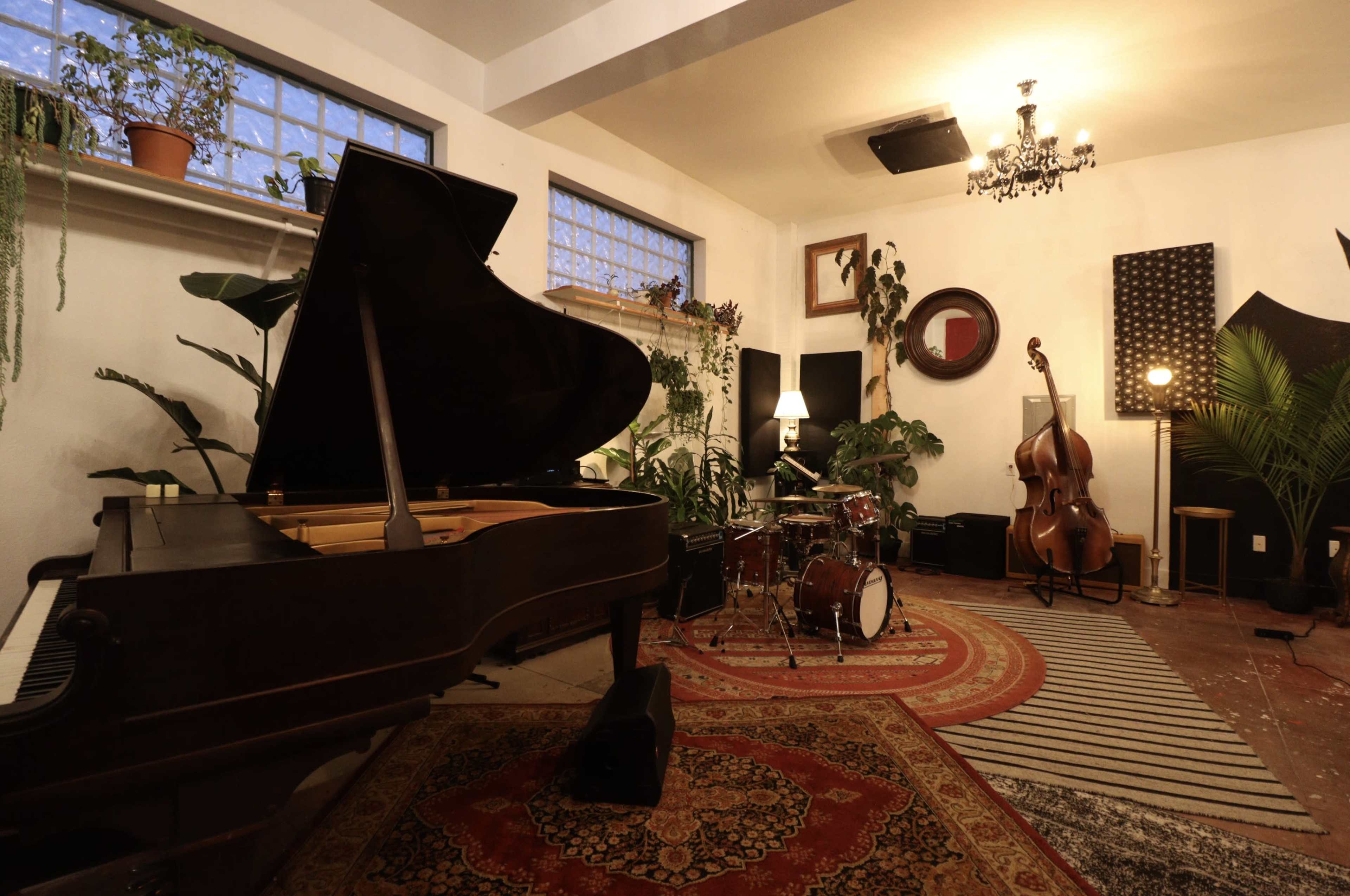 A spacious music room featuring a grand piano, a set of drums, a double bass, and houseplants, with patterned rugs and various decorative elements.