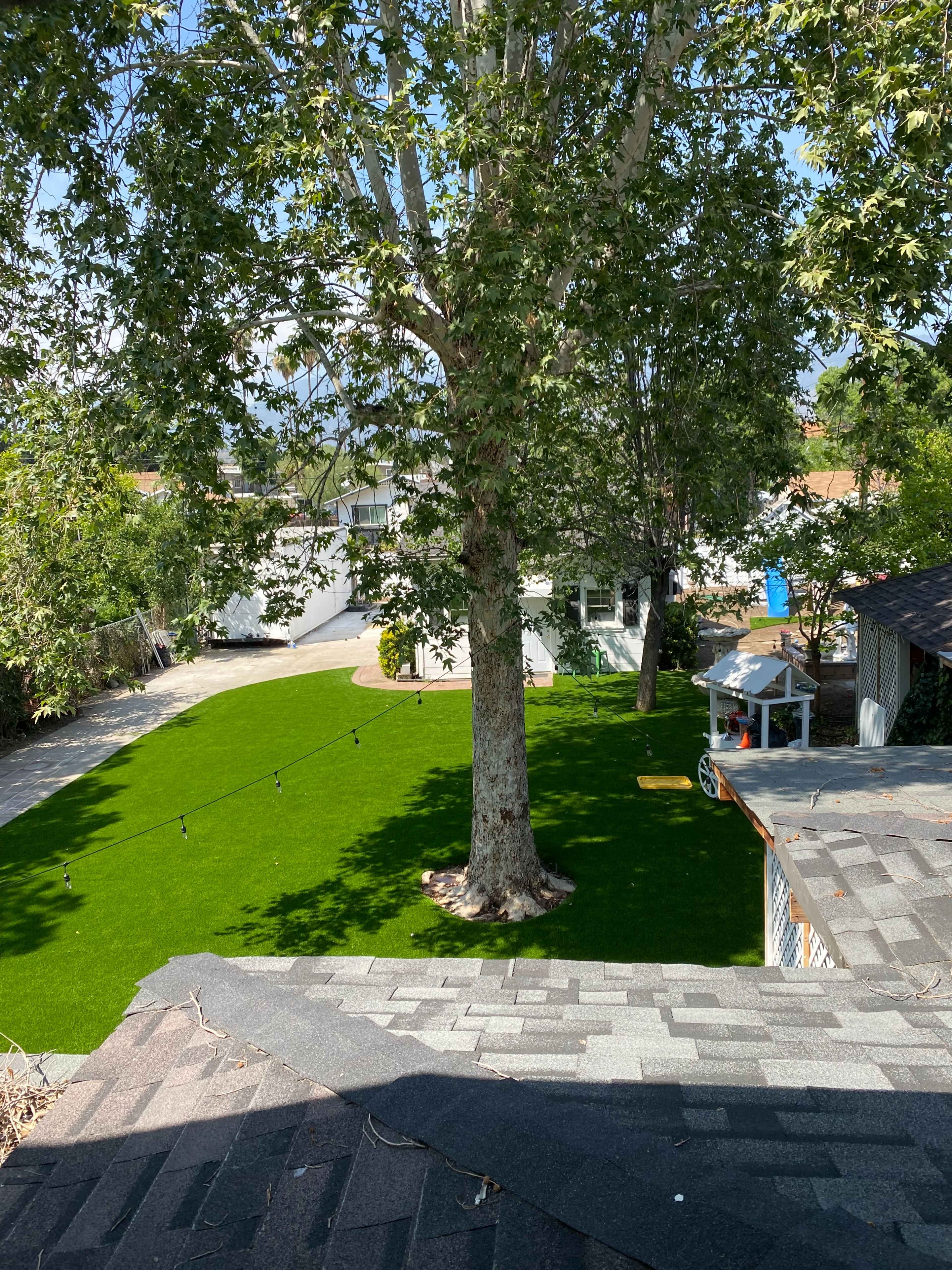 A large green lawn surrounded by trees and a white house in the background.