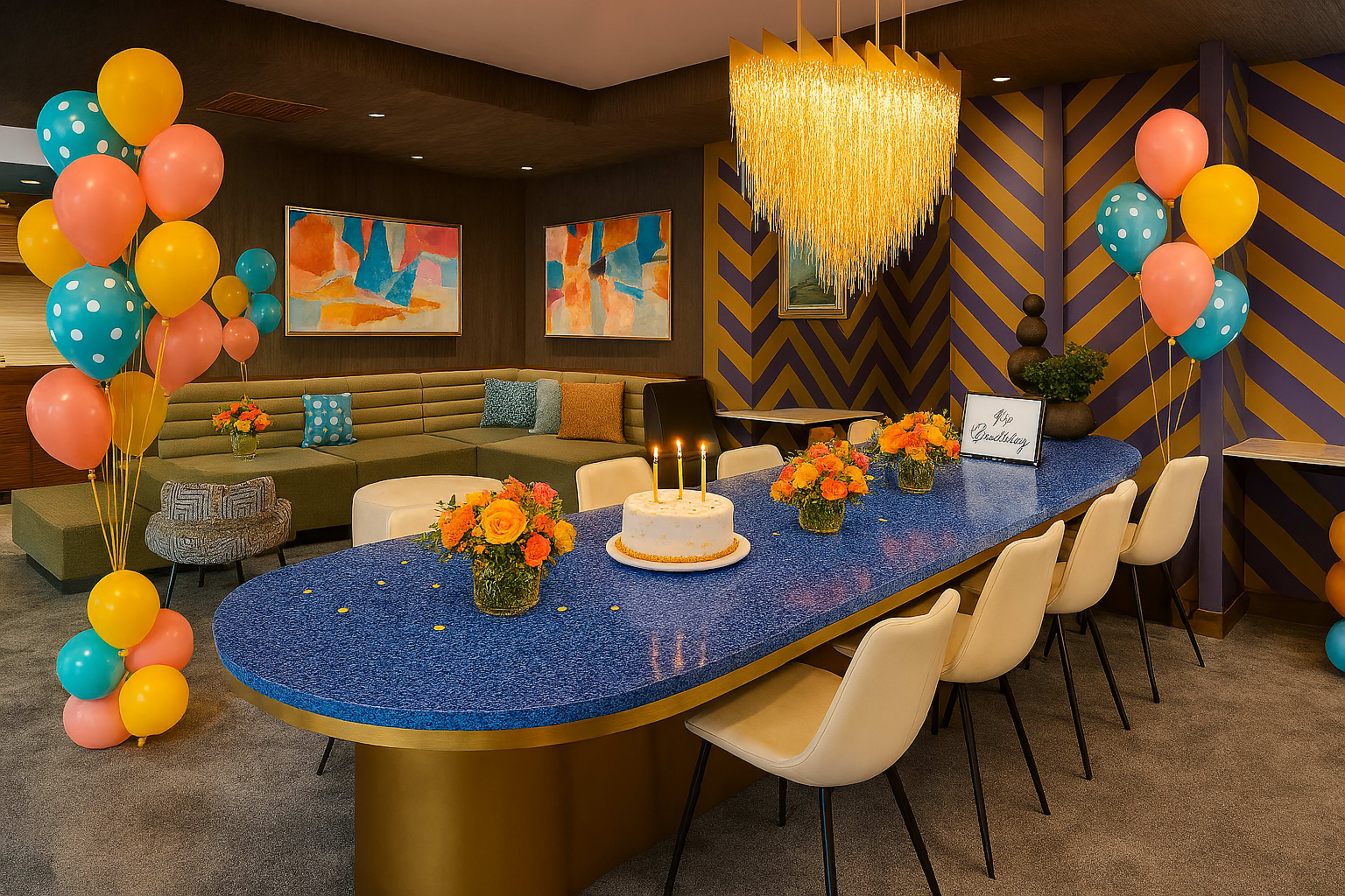 A modern party venue features a long blue table adorned with floral centerpieces, a birthday cake, and colorful balloons against a backdrop of patterned walls and ambient lighting.
