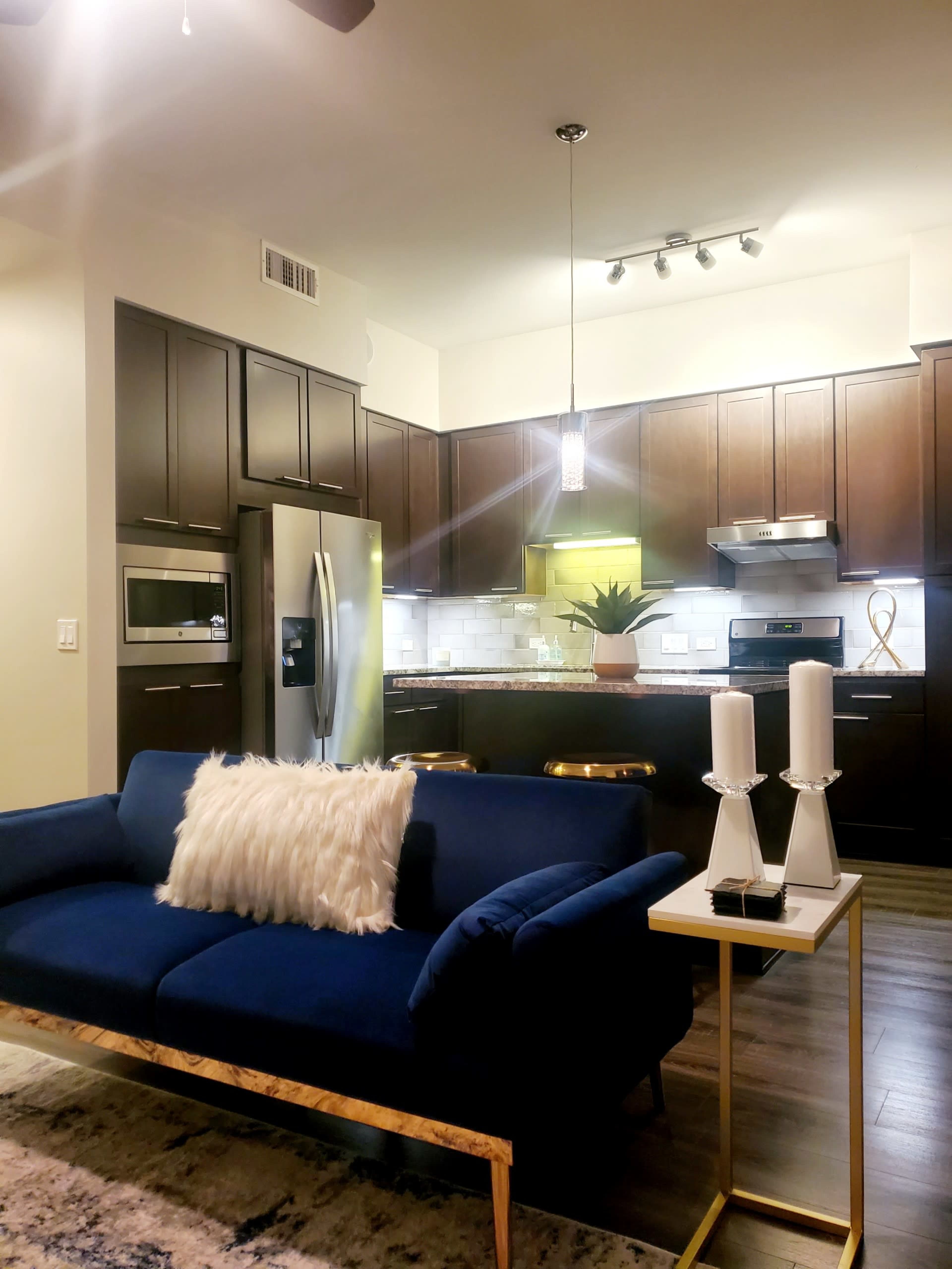 A modern kitchen and living room layout featuring dark cabinetry, stainless steel appliances, and a blue sofa with decorative pillows.