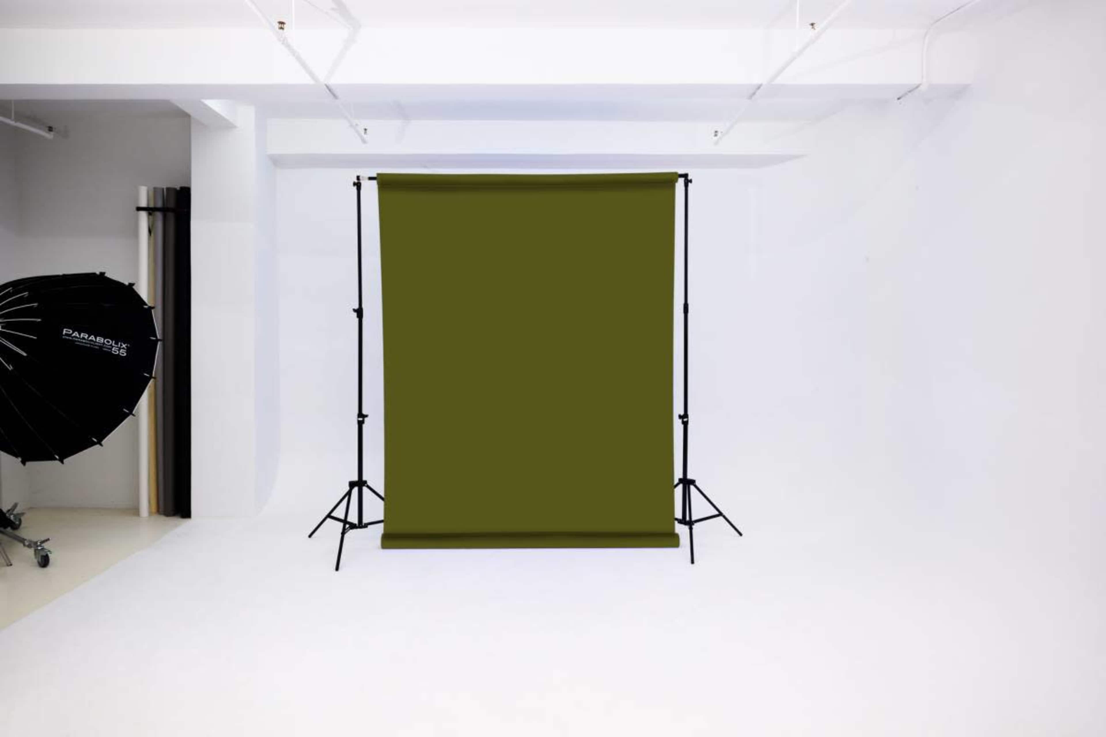 The image shows a photography studio with a plain olive green backdrop set against a white wall.