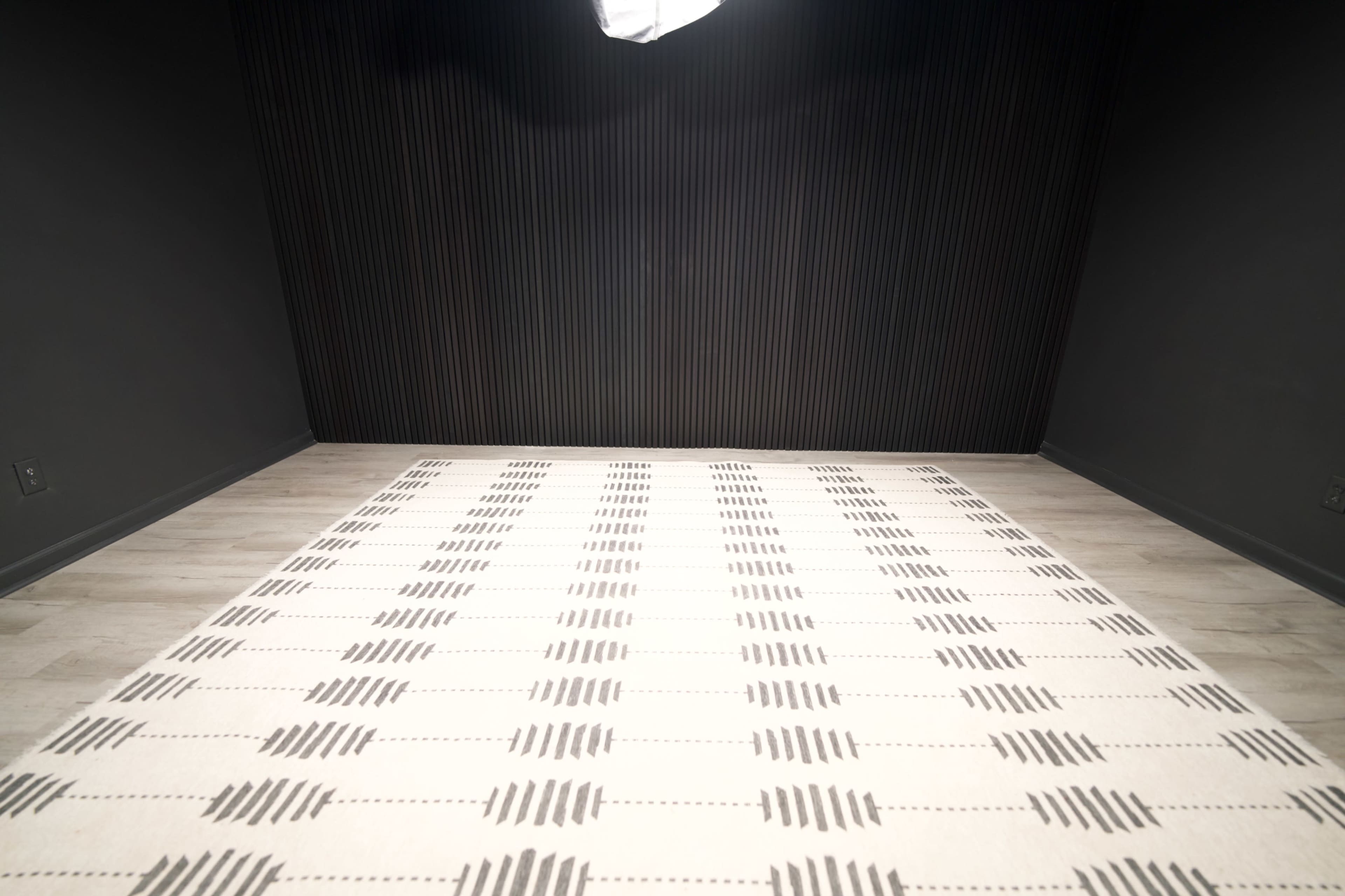 The image shows a minimalistic interior space with a patterned rug on the floor and dark walls.