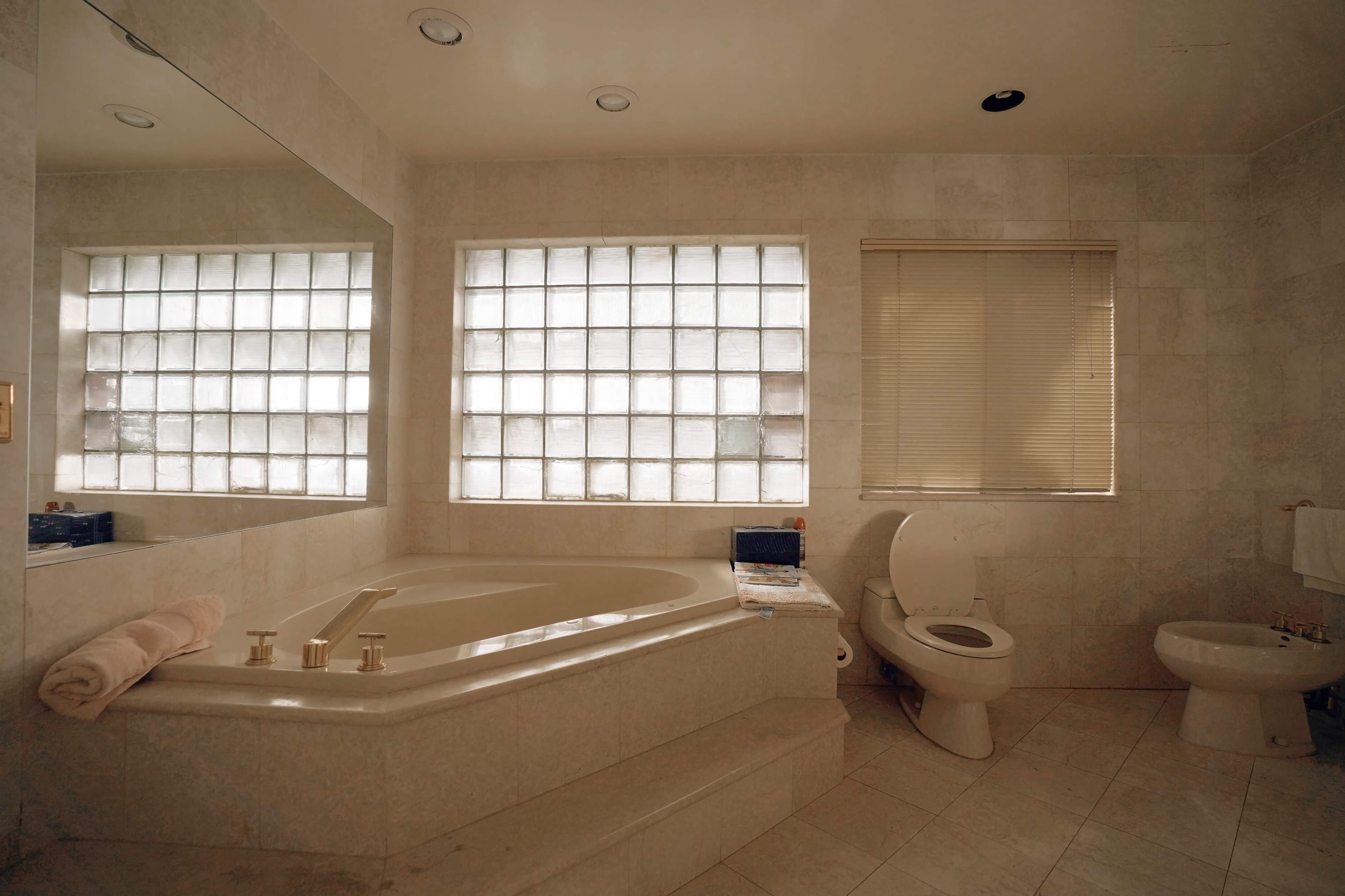 A bright bathroom features a jetted tub with a set of steps, a toilet, and a window with glass blocks for natural light.