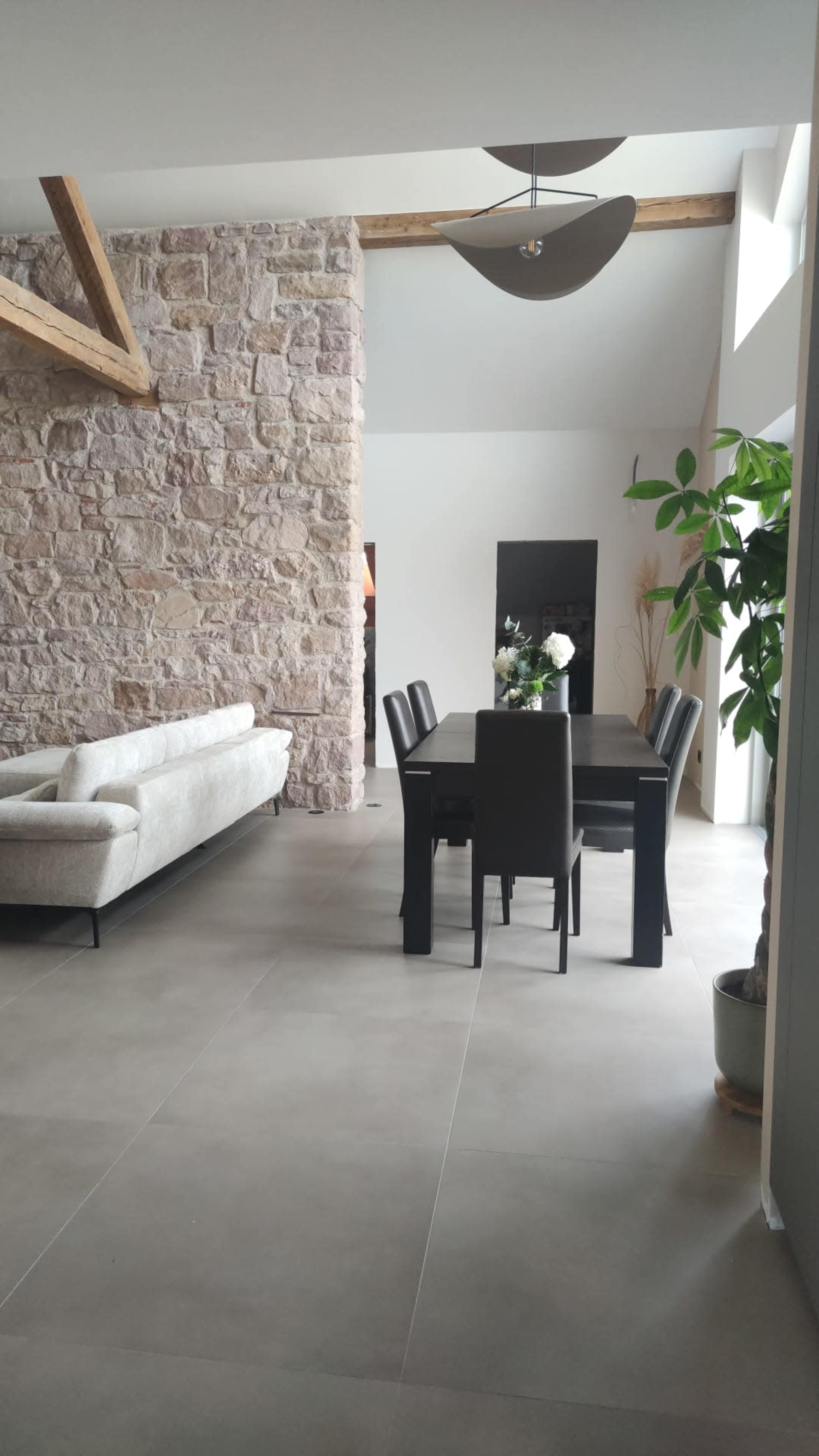The image shows a modern interior space featuring a stone wall, a dining table with chairs, and a light-colored sofa.