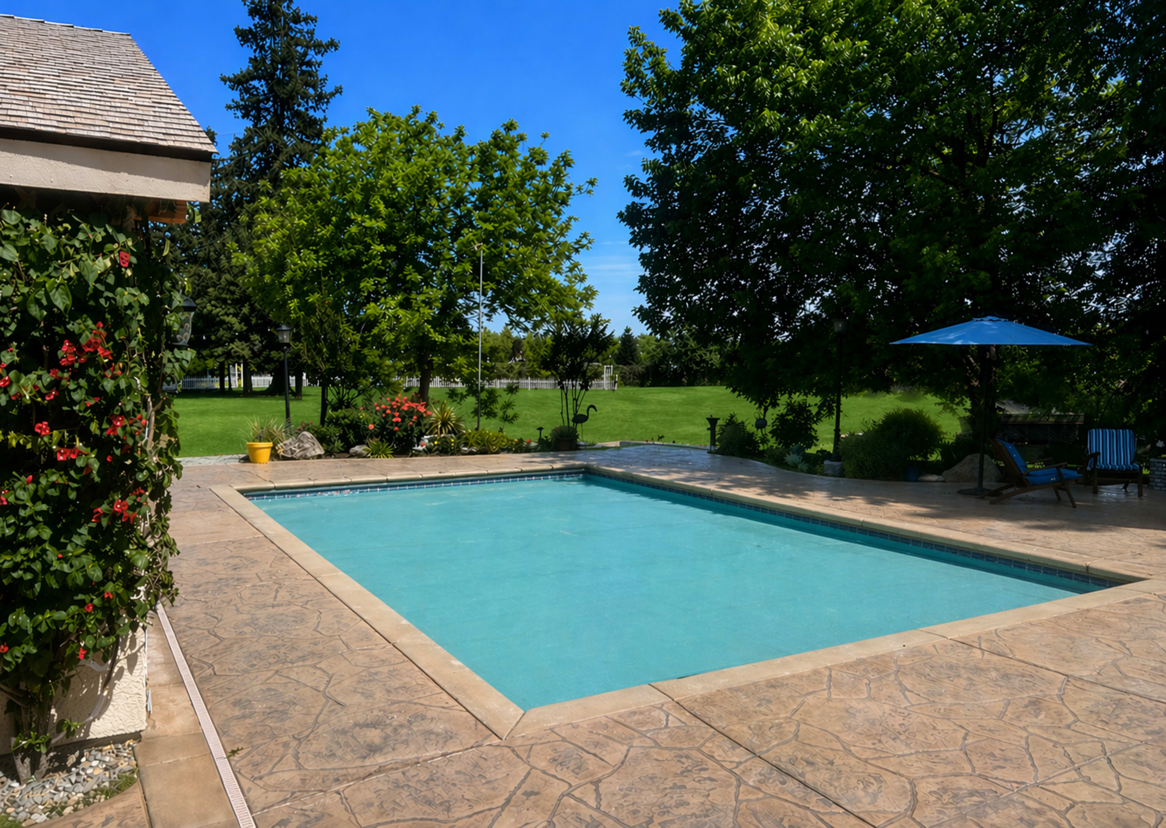 The image shows a clear swimming pool surrounded by concrete decking, with lush greenery and trees in the background.