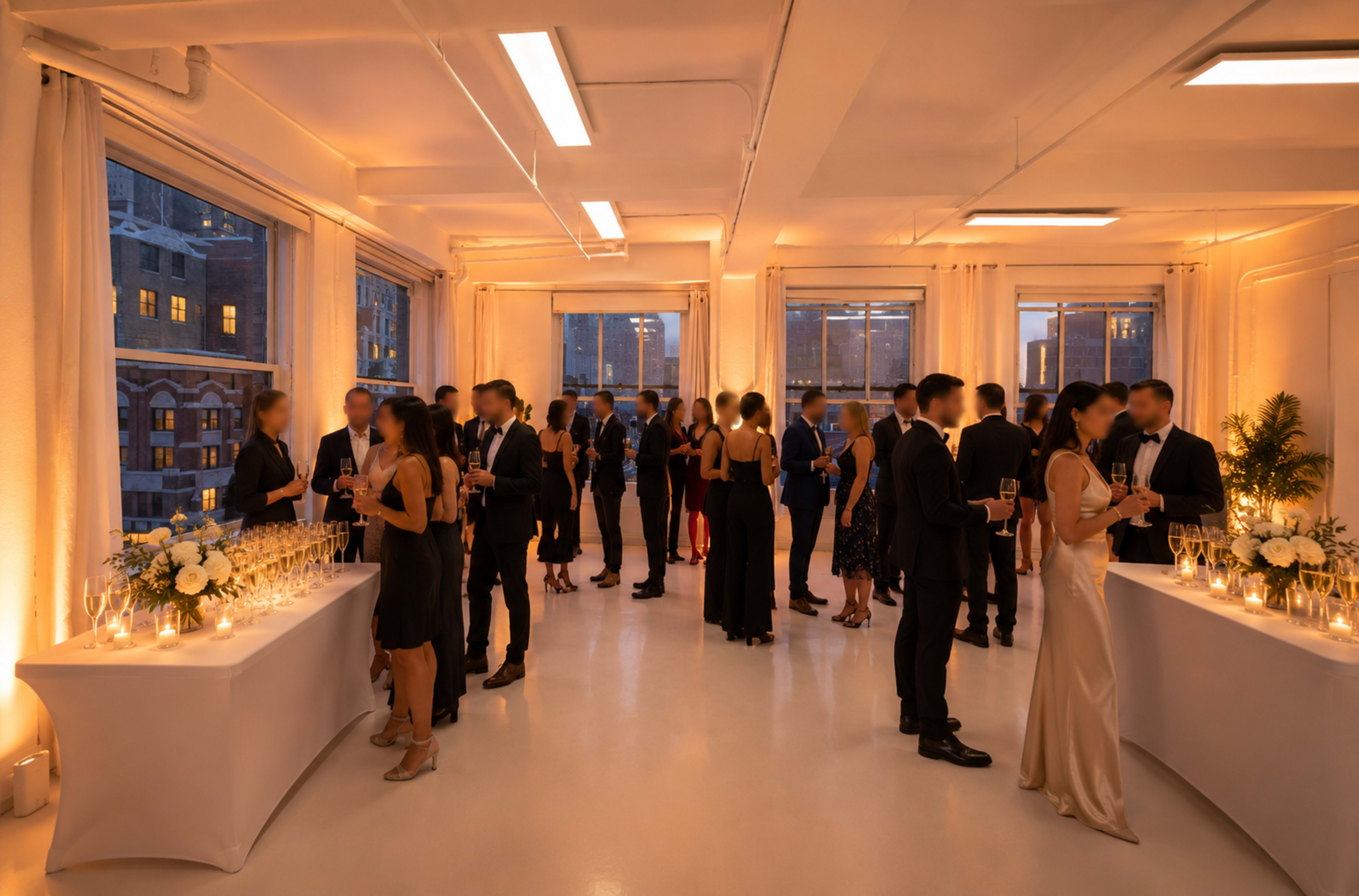 A group of elegantly dressed guests socializes and enjoys drinks at a well-lit indoor event space with large windows showcasing a city skyline.