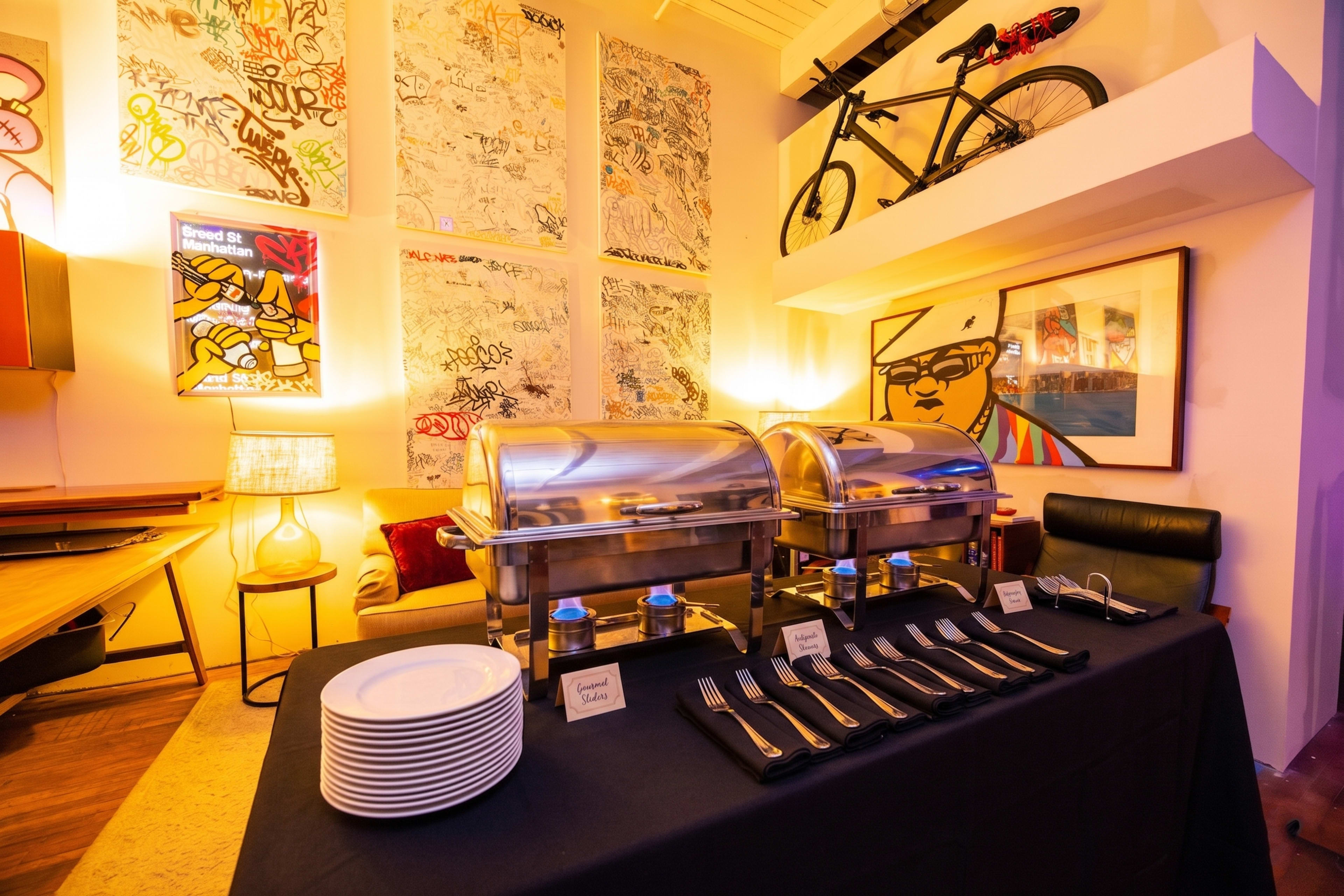 The image shows a buffet setup with two food warming trays on a black tablecloth, surrounded by plates and silverware, in a room featuring graffiti art and a bicycle displayed on the wall.