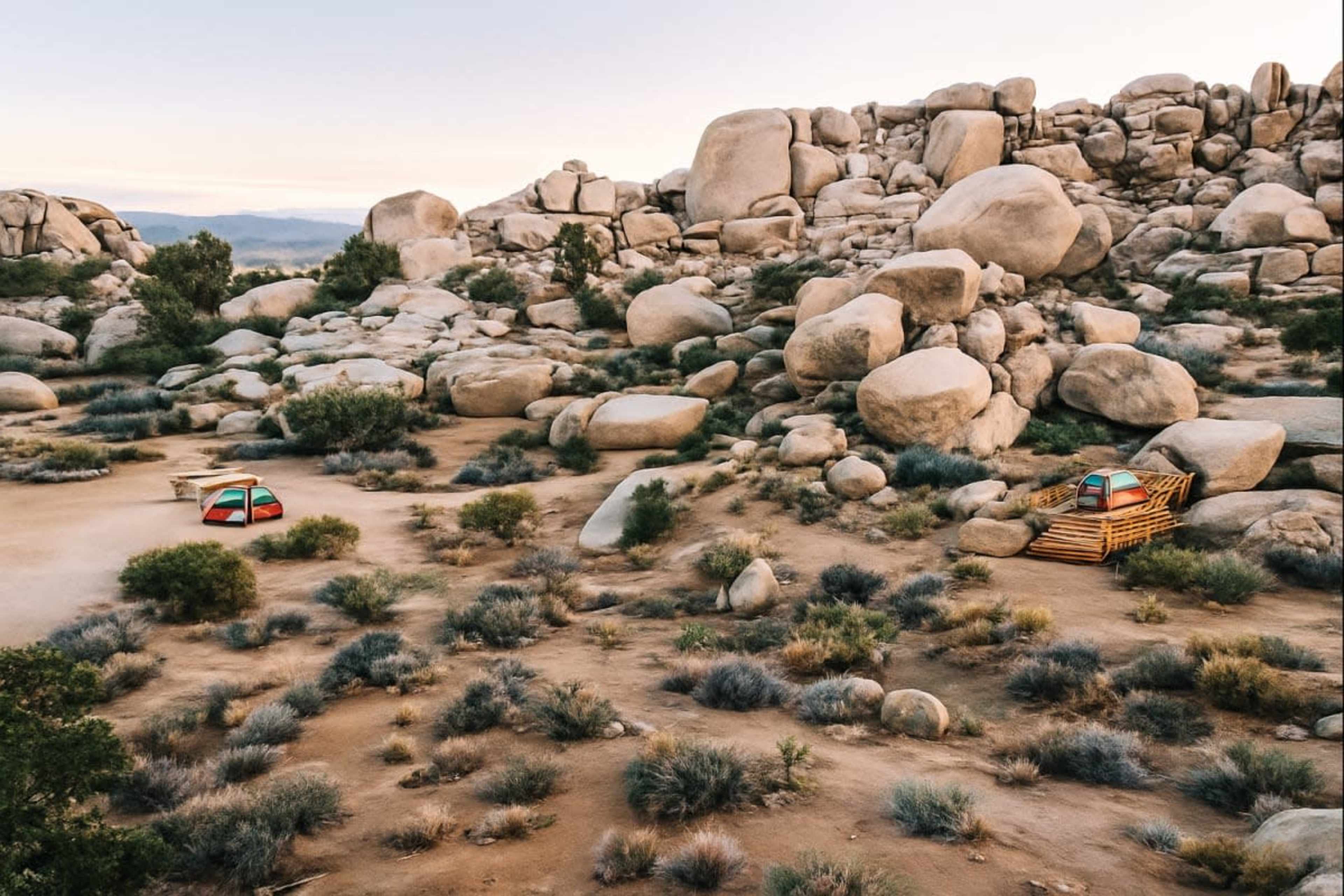 The image shows a rocky desert landscape with two tents set up among scattered boulders and sparse vegetation.