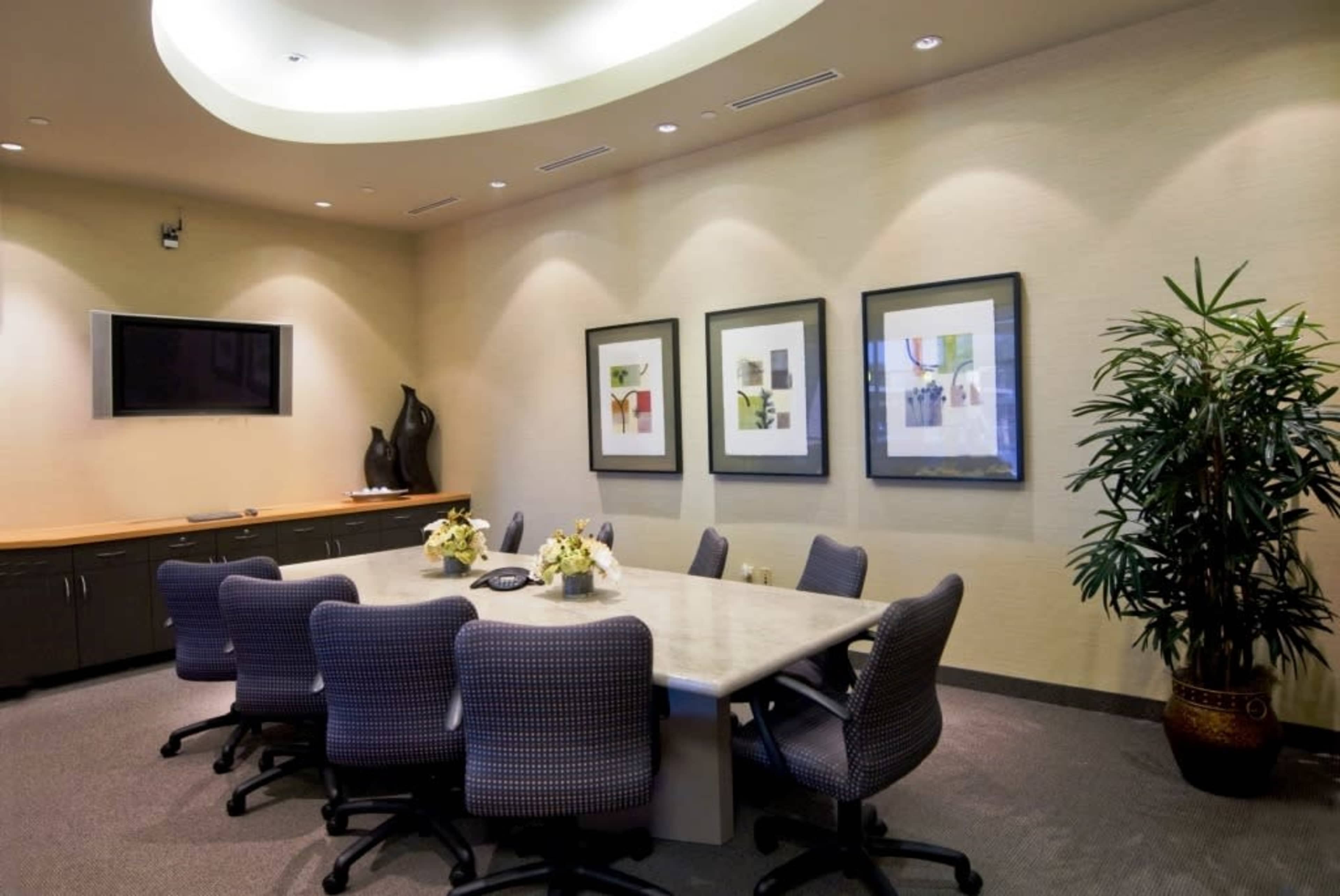 A conference room features a large table surrounded by several chairs and framed artwork on the walls, with a television mounted in the corner and a potted plant in the room.
