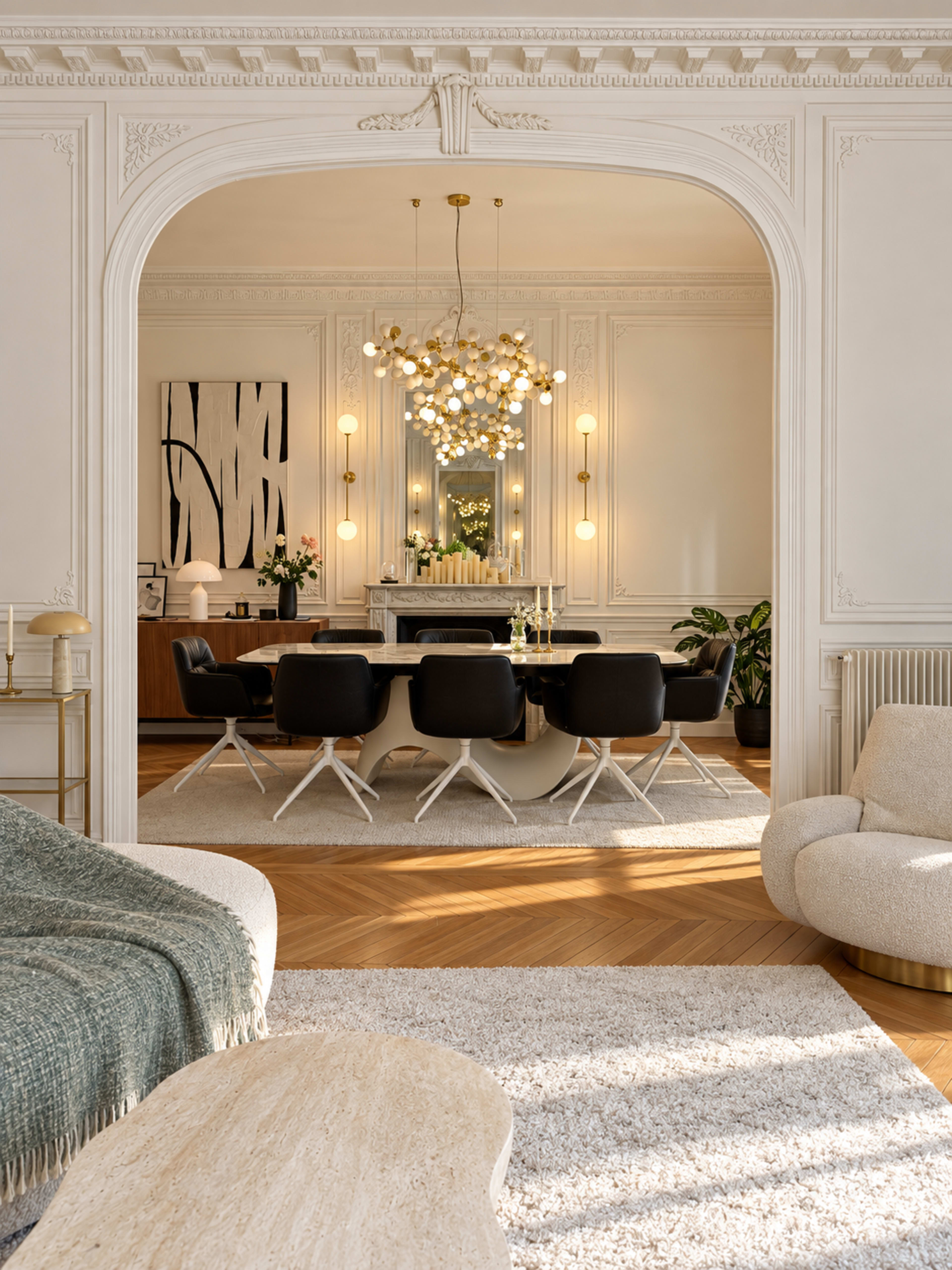 A spacious dining area features a large round table surrounded by black chairs, with an elegant chandelier overhead and decorative elements in a richly detailed room.