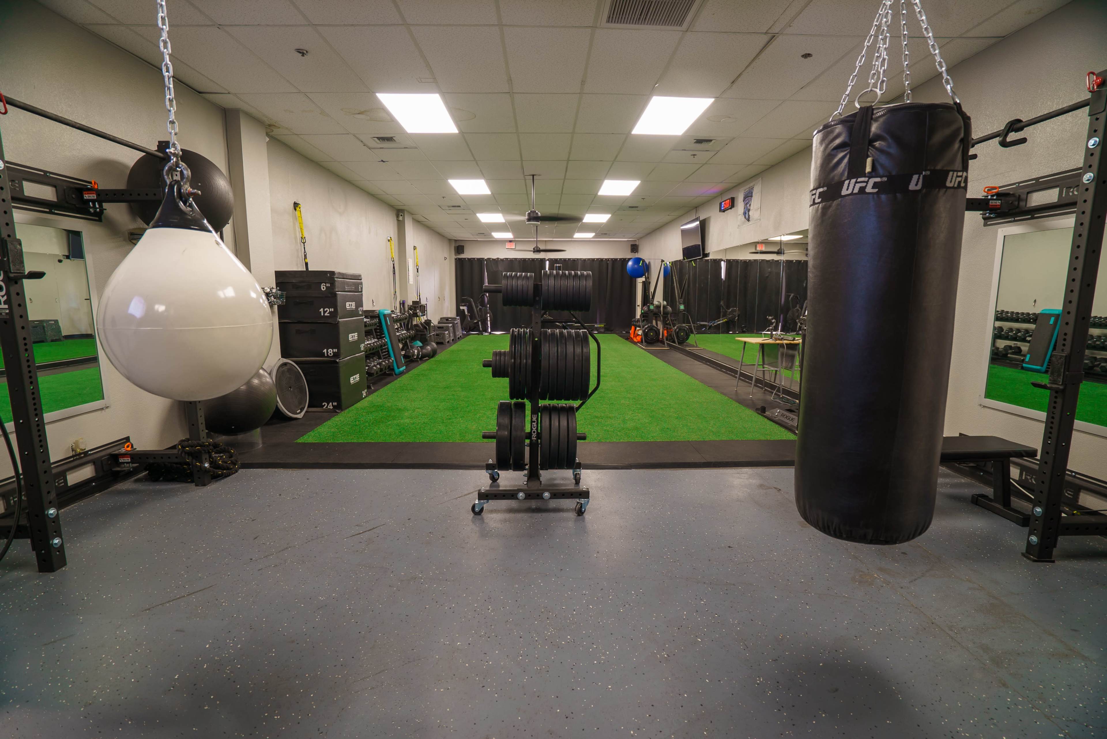 A well-equipped gym space with various exercise equipment, including a heavy bag, weight plates on a rack, and green turf flooring.