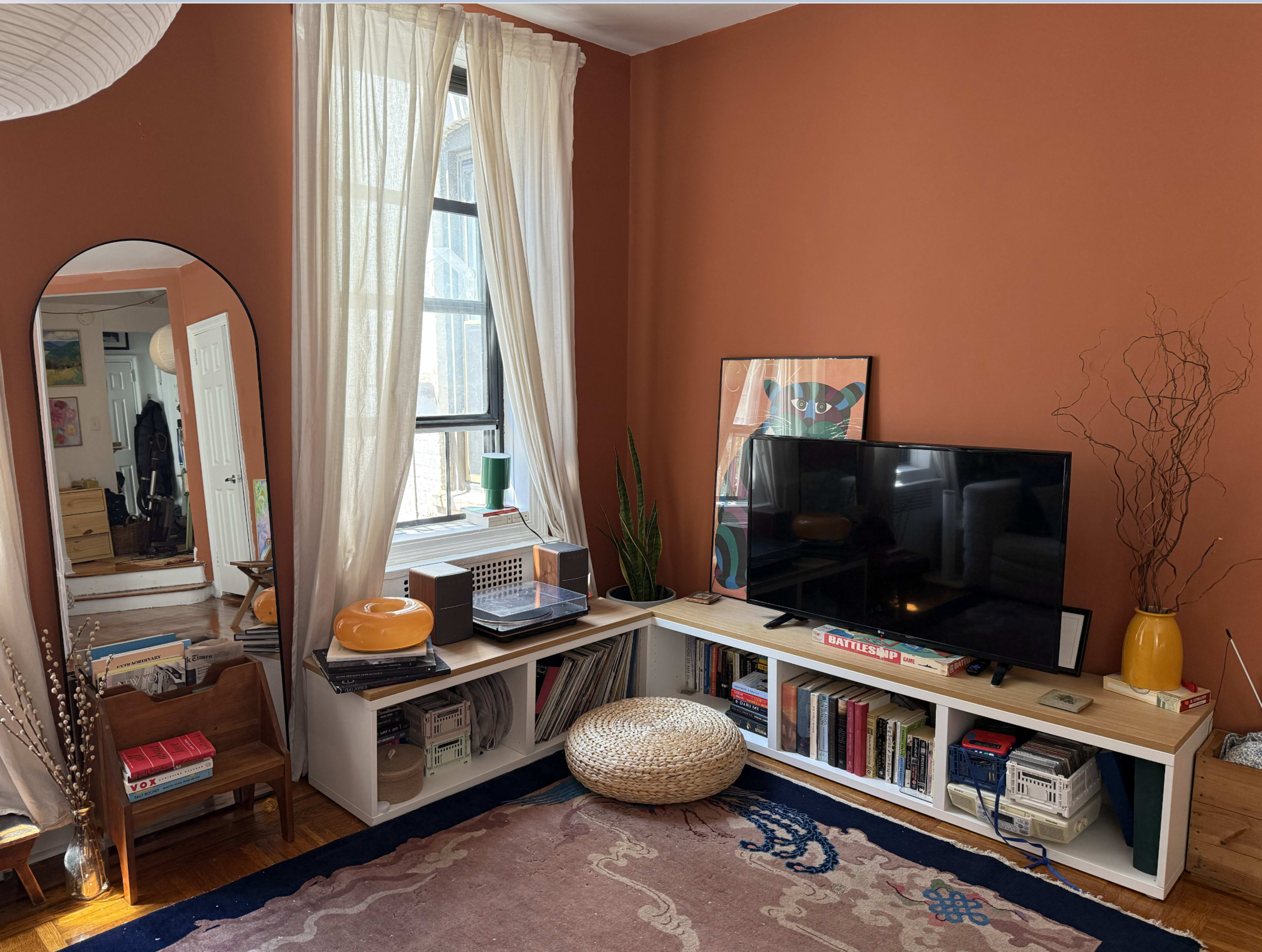 The image depicts a cozy living room with an orange wall, a television on a white shelf, a large mirror, and a mix of decor items, including plants and a rug.