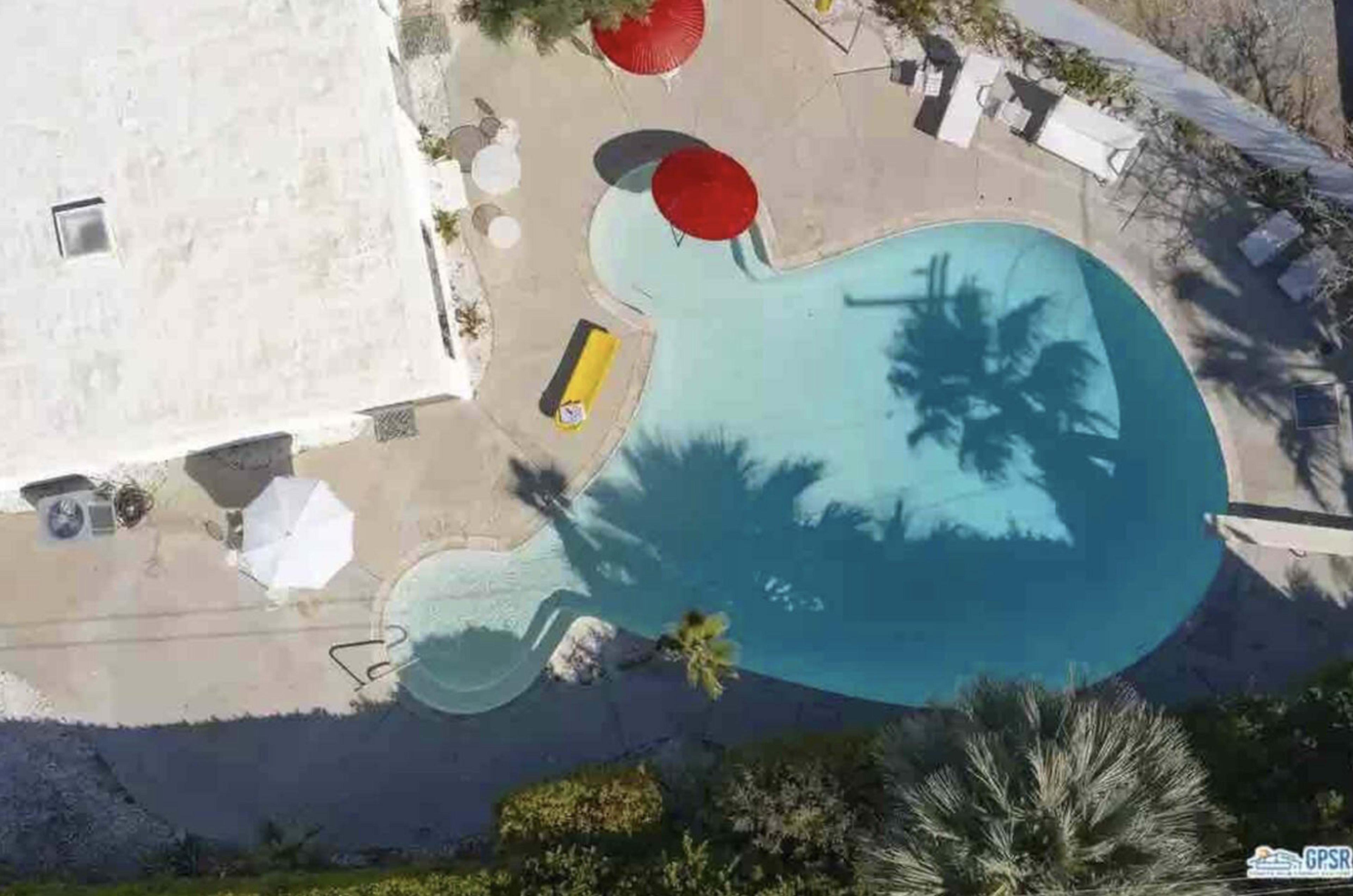 A kidney-shaped swimming pool surrounded by lounge chairs, umbrellas, and palm trees in a residential outdoor area.