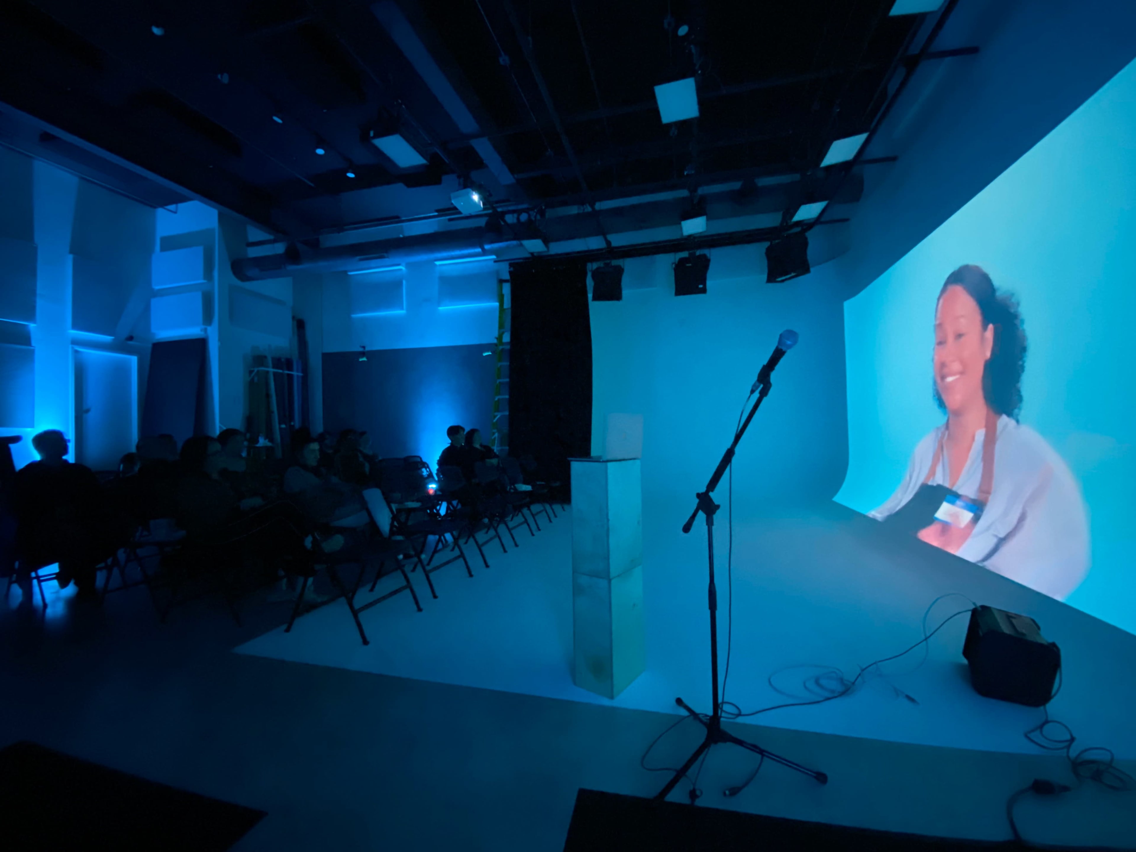 A group of people sits on folding chairs facing a blue-lit stage where a video of a smiling woman is projected.