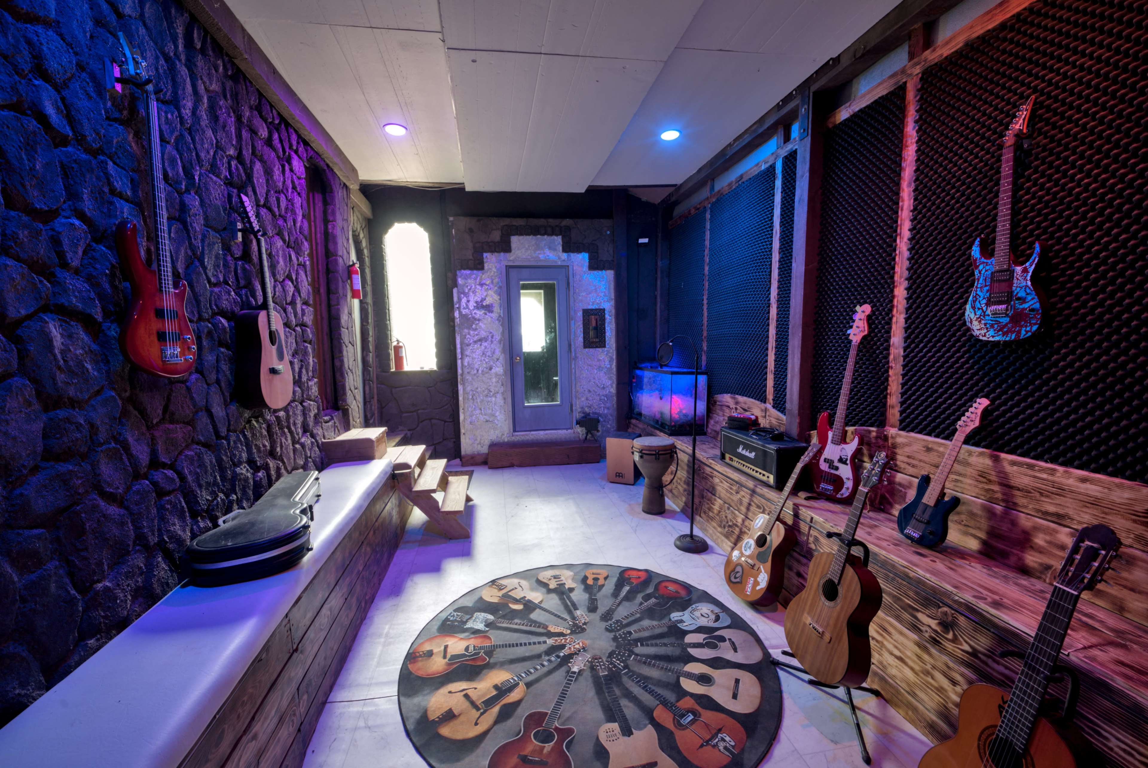 The image shows a music room with various guitars placed around, a circular rug featuring guitar designs, and soundproofing materials on the walls.