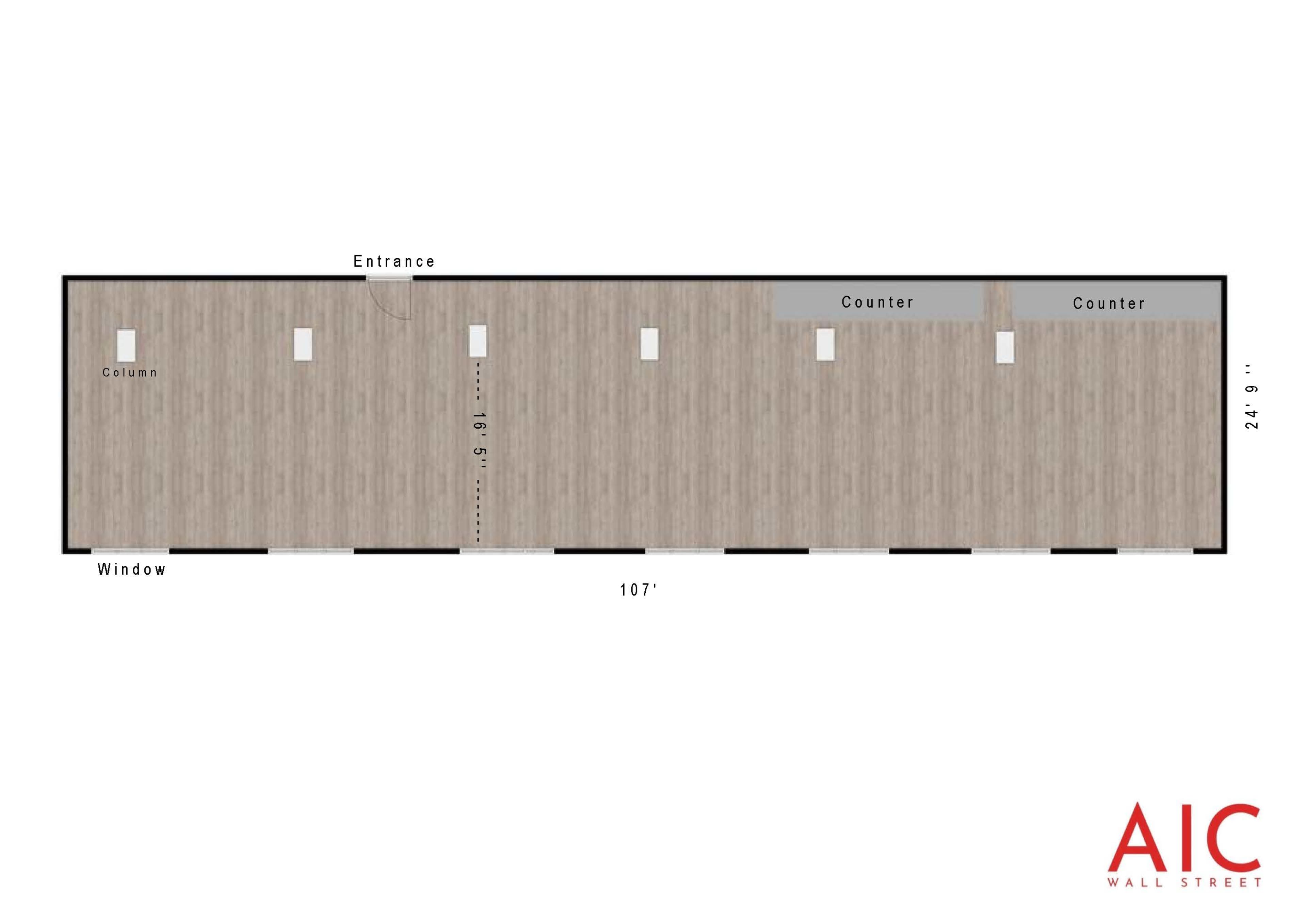 A floor plan of a long rectangular space with labeled areas for an entrance, windows, and counters, measuring 107 feet in length and 24 feet in width.