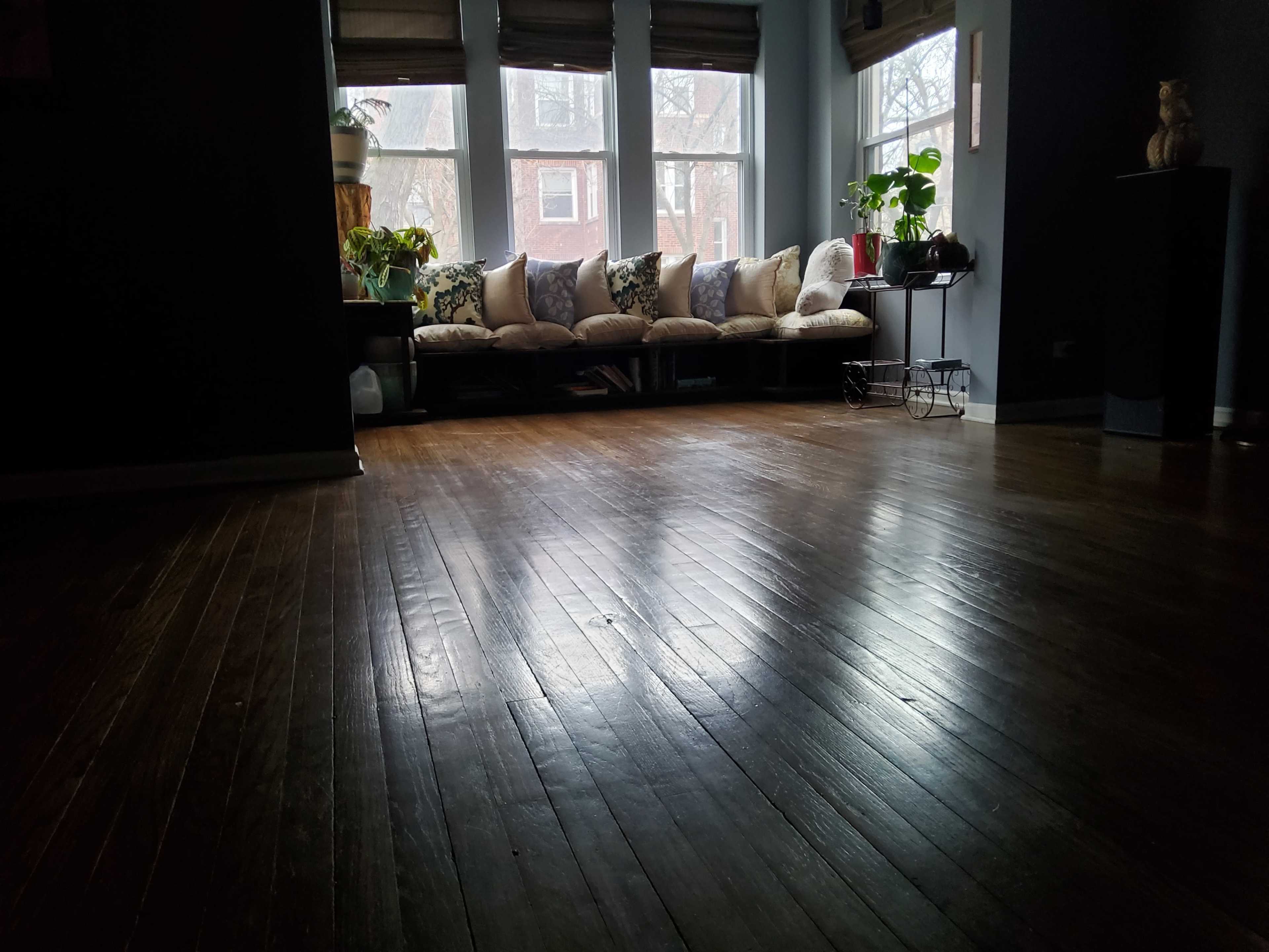 The image shows a room with polished wooden floors, a row of plants on a ledge, and a sofa with cushions situated beside large windows.