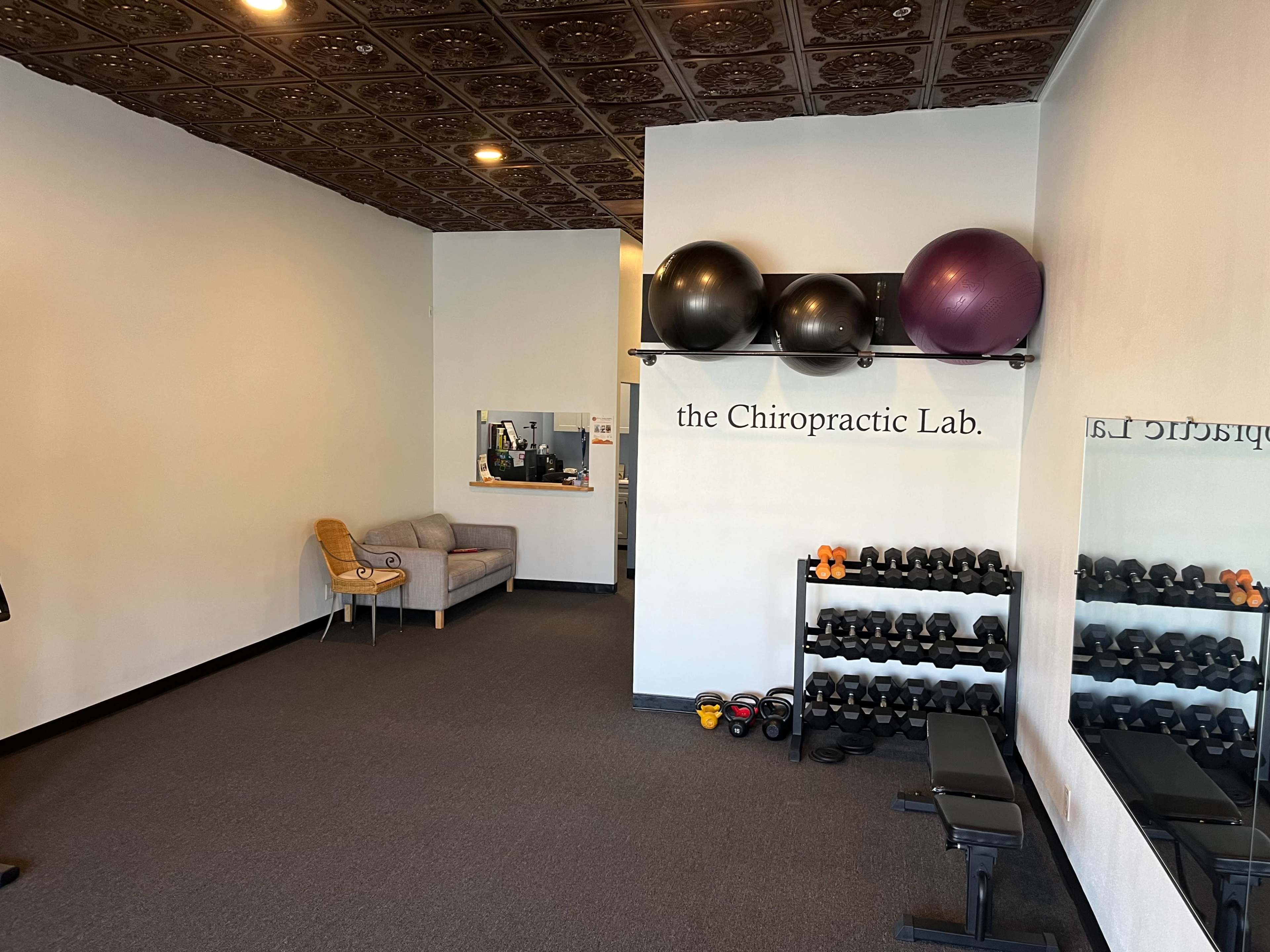 The image shows a fitness and chiropractic lab featuring exercise equipment, including dumbbells and exercise balls, with a seating area in the corner.