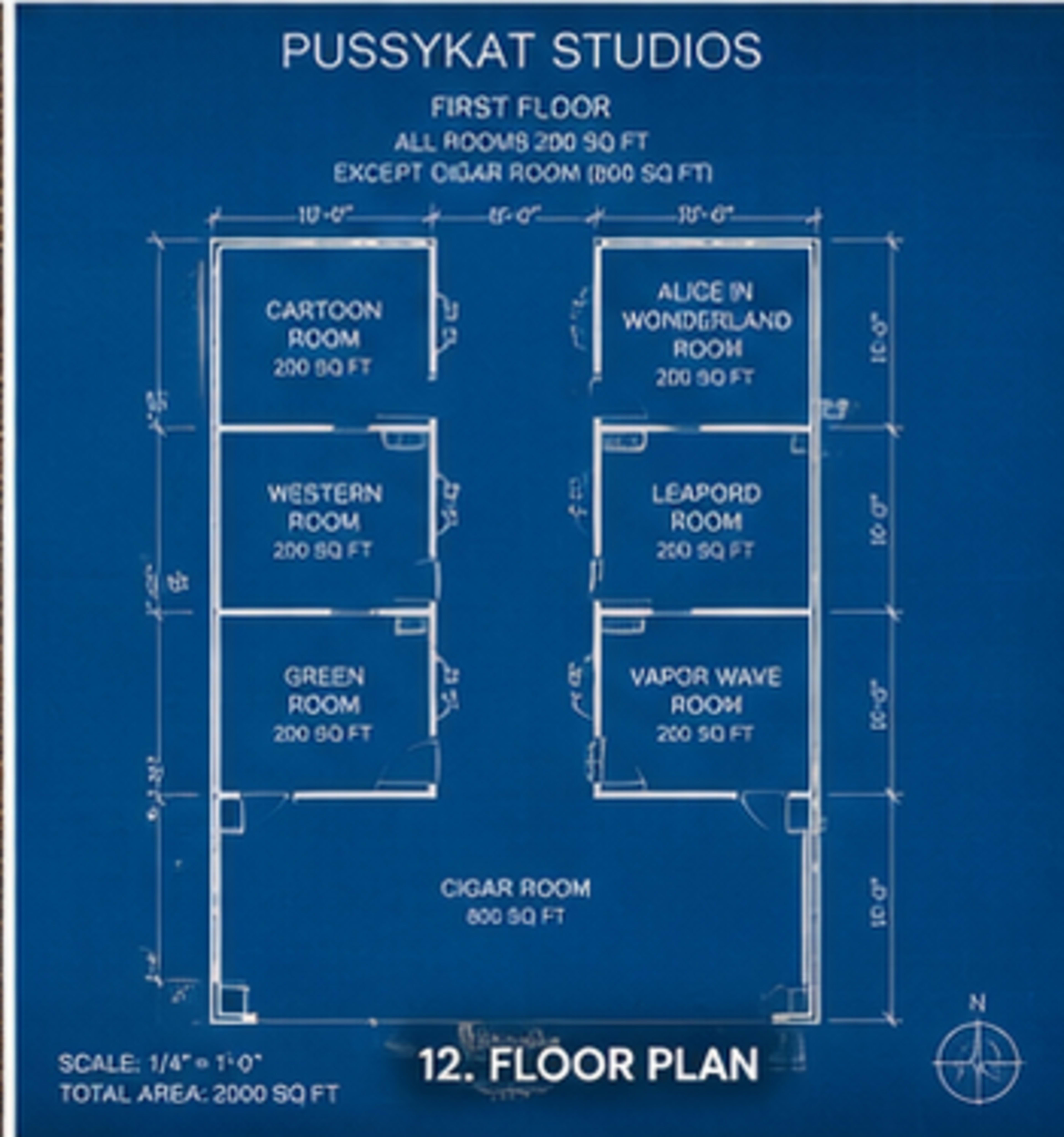 The image shows a blueprints layout for the first floor of Pussykat Studios, including labeled rooms such as the Cartoon Room, Western Room, and Cigar Room.